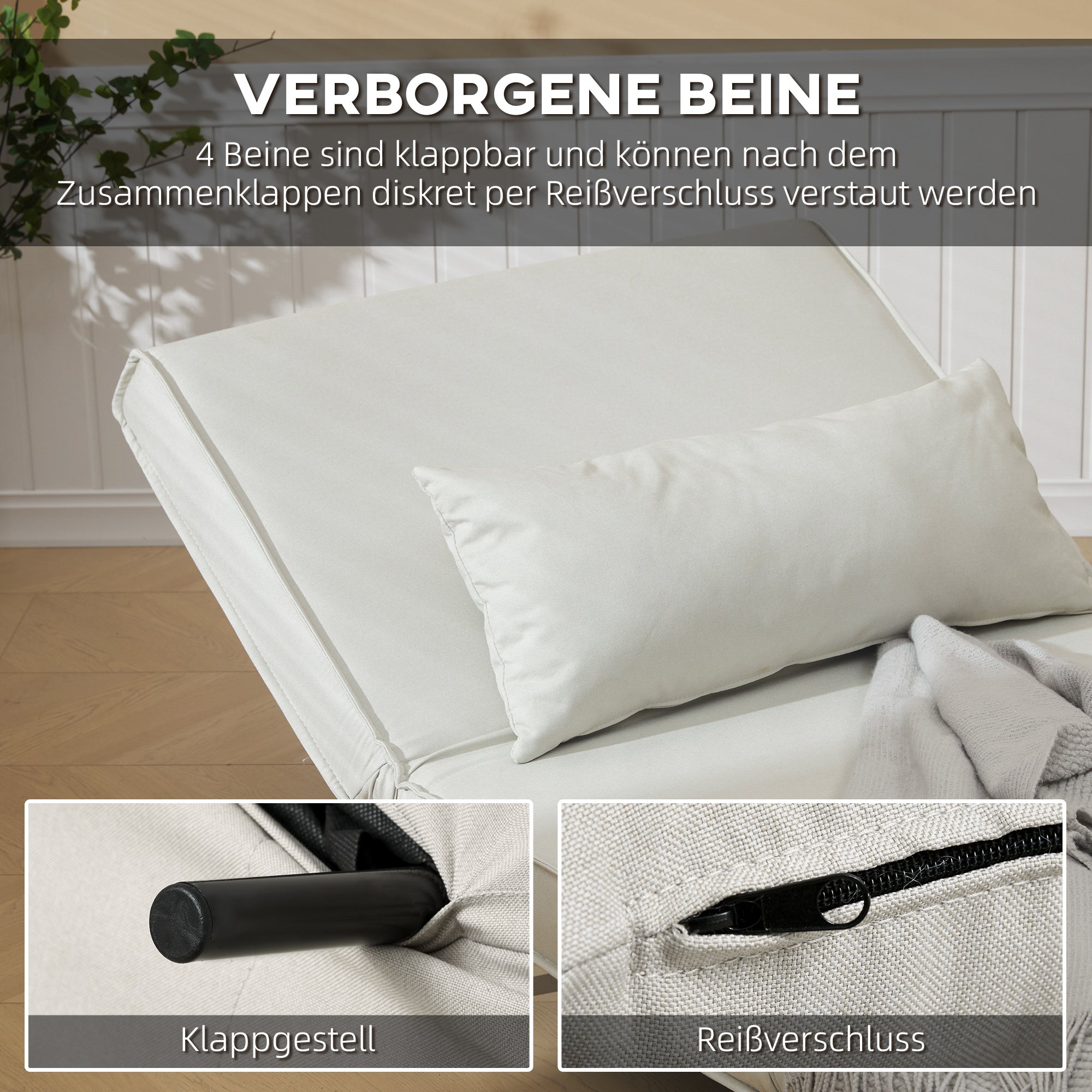 HOMCOM Einzelsofa Schlafsofa Sofabett Klappsofa verstellbar Rückenlehne Liege nordisch skandinavisch 25D Schaumstoff Haus Leinenimitat Tannenholz Cremeweiß 94 x 78 x 80 cm