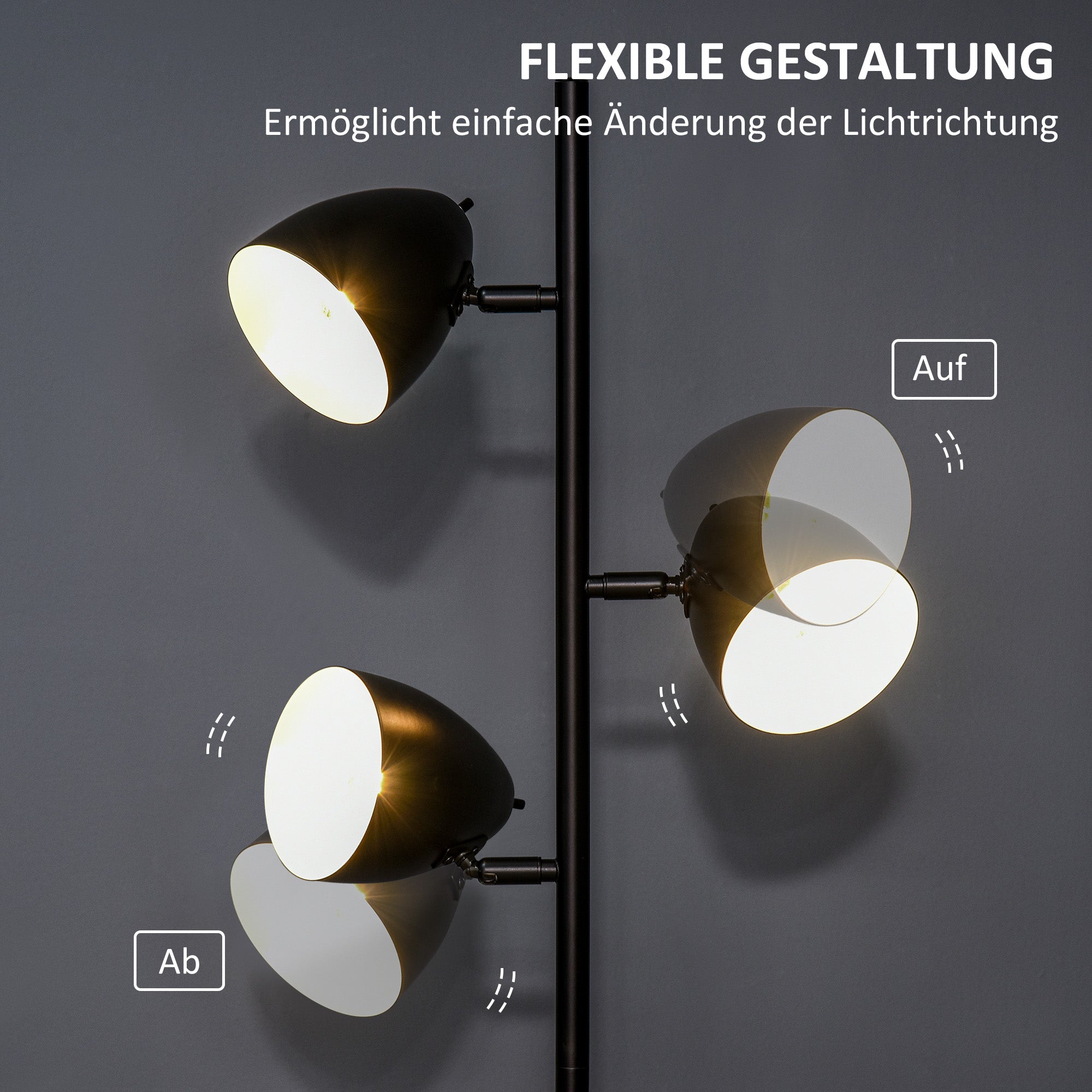 HOMCOM Stehlampe, Bodenlampe, 3 einstellbare Schirme, Metall, Schwarz