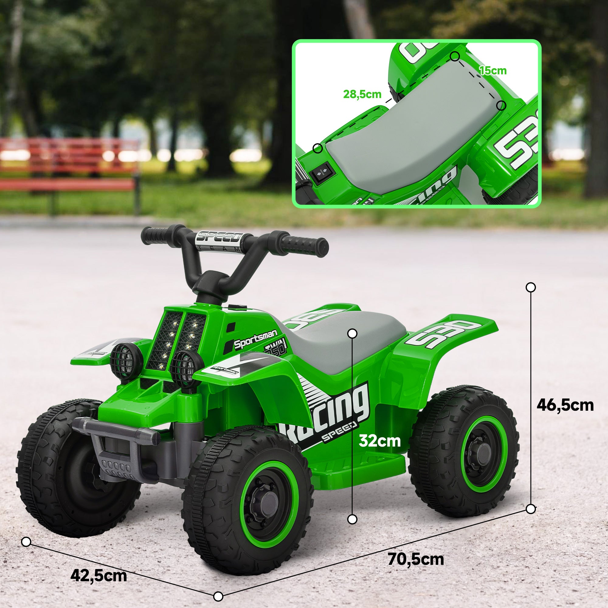 AIYAPLAY Elektrisches Quad Bike für Kinder, batteriebetrieben, fährt vorwärts und rückwärts, LED-Lichter, 18-36 Monate, Grün