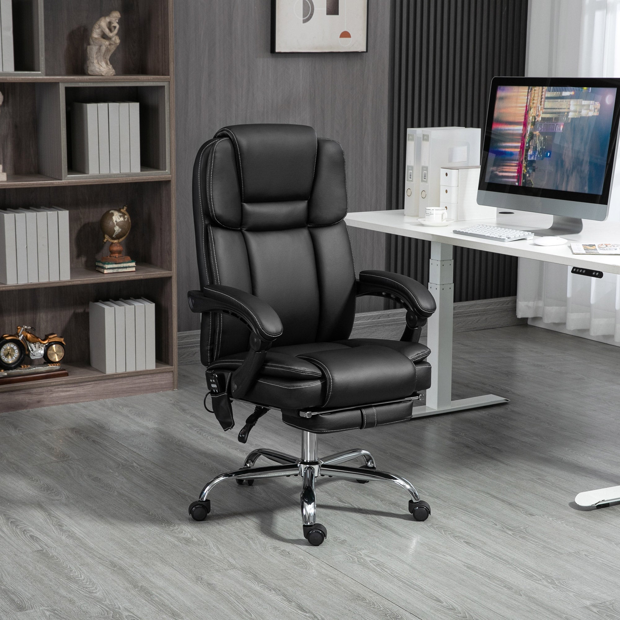 Vinsetto Verstellbarer Bürostuhl mit 6 Massagepunkten, Wärmefunktion, Fußstütze, Kunstleder, Schwarz