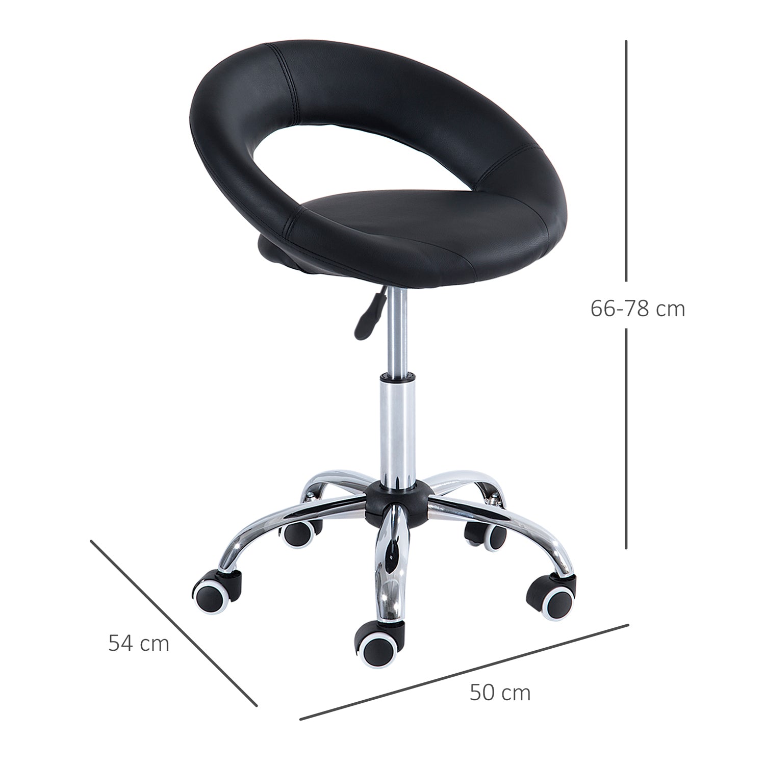 HOMCOM Rollhocker Arbeitshocker Drehhocker Bürostuhl höhenverstellbar, PU+Metall, Schwarz, 50 x 54 x (66-78) cm