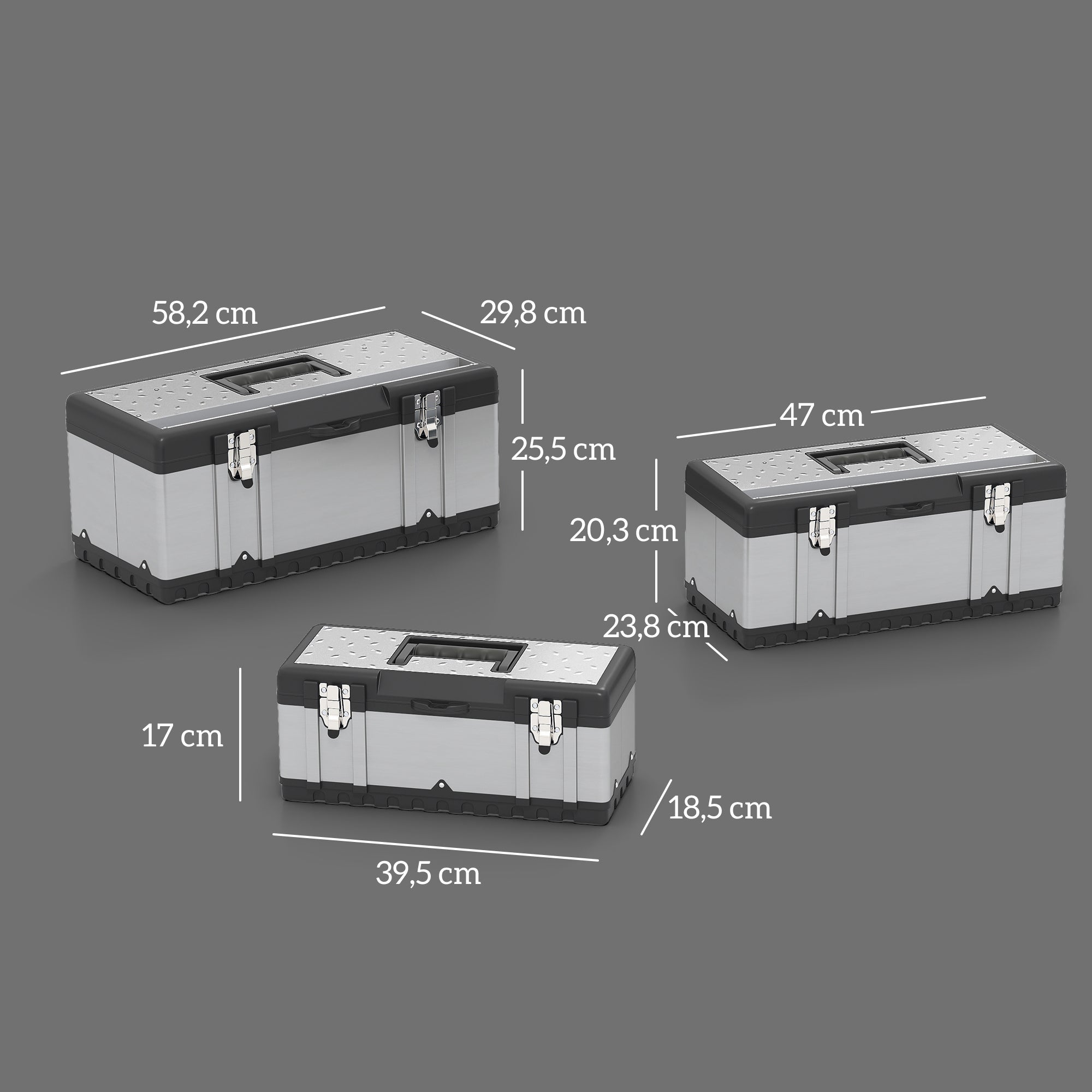 HOMCOM 3-teiliges Werkzeugkasten-Set, Edelstahl, Kunststoff, Silberfarben