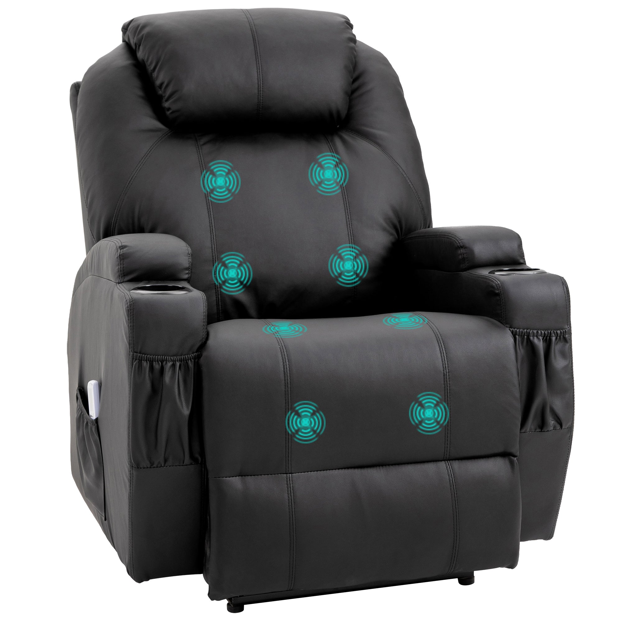 HOMCOM Massagesessel Elektrisch Relaxsessel Fernsehsessel Massagefunktion Liegefunktion TV-Sessel mit 2 Seitentaschen und Getränkehalter Kunstleder Schwarz 82 x 97 x 110 cm