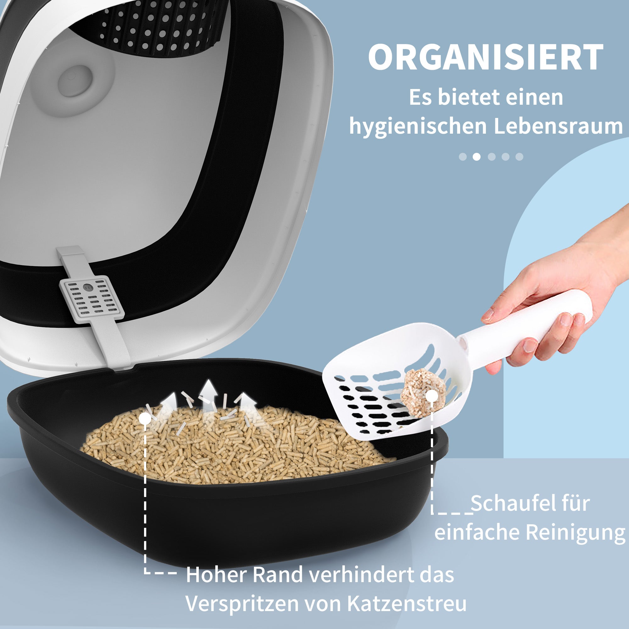 PawHut Katzentoilette, mit Deckel und Streuschaufel, für Katzen bis 5 kg, 52x41x38 cm, Weiß/Schwarz