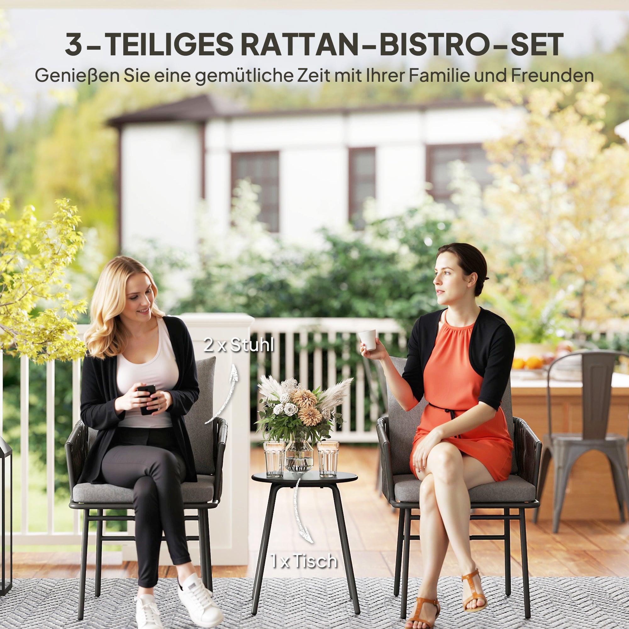 Outsunny 3-teiliges Außenmöbel-Set, 2 Stühle, 1 Tisch, Bistro-Set, Kunst-Rattan, Stahlrahmen, Metalltisch, 4 Kissen, Grau