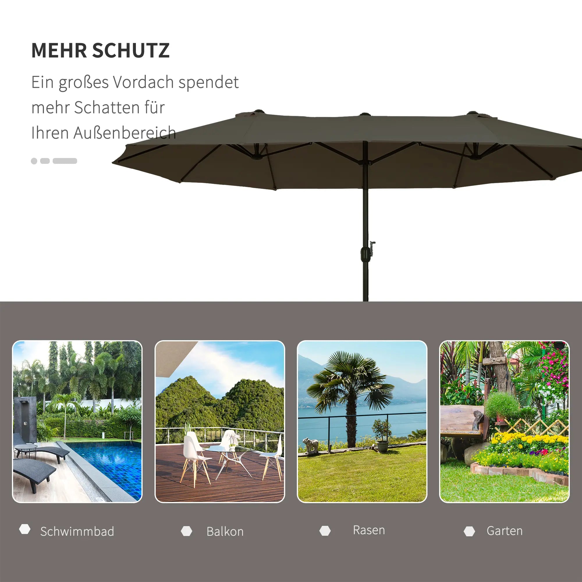 Outsunny Doppelsonnenschirm 455 x 265 cm, UV Schutz Sonnenschirm mit Handkurbel, Balkonschirm Strandschirm windfest Kurbelschirm Sonnenschutz für Strand Balkon Garten, Grau