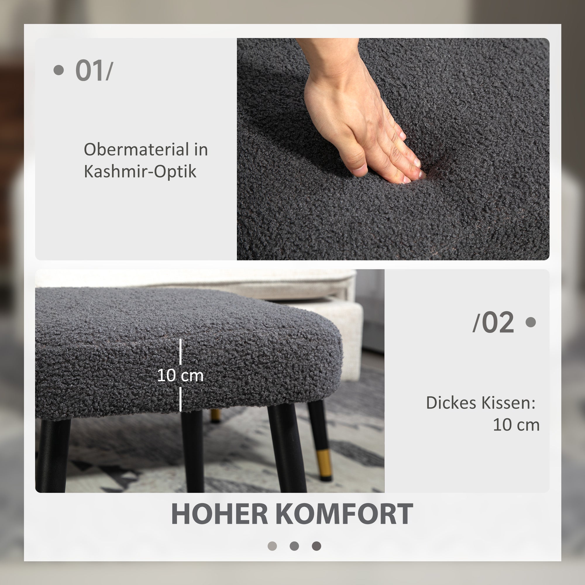 HOMCOM Hocker, Fußstütze, gepolsterter Sitz, Kaschmir-Optik, Stahlbeine, 42 x 42 x 47 cm, Dunkelgrau