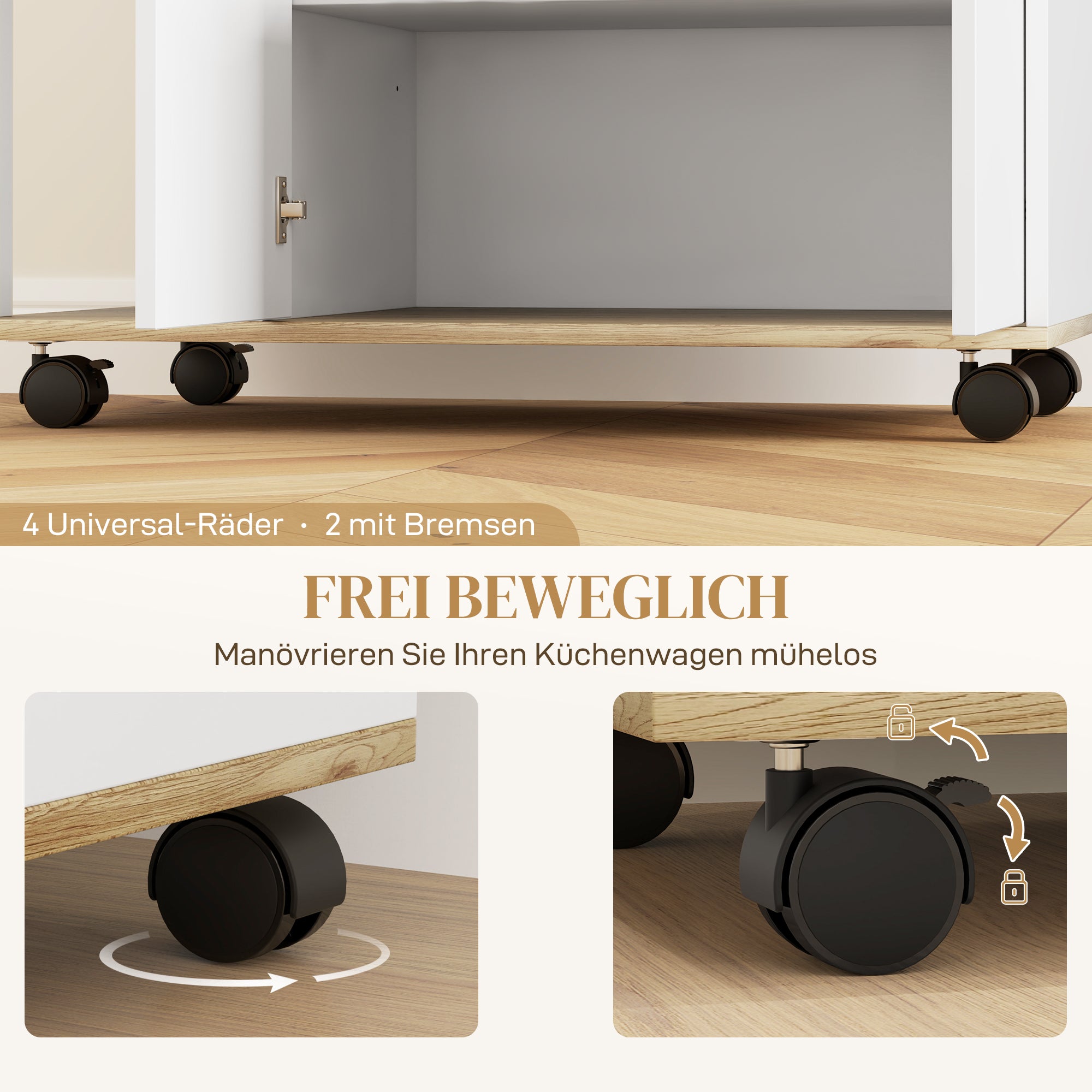 HOMCOM Rollender Küchenwagen mit Stauraum, Schrank, verstellbare Regale, für Küche, Wohnzimmer, Esszimmer, Weiß