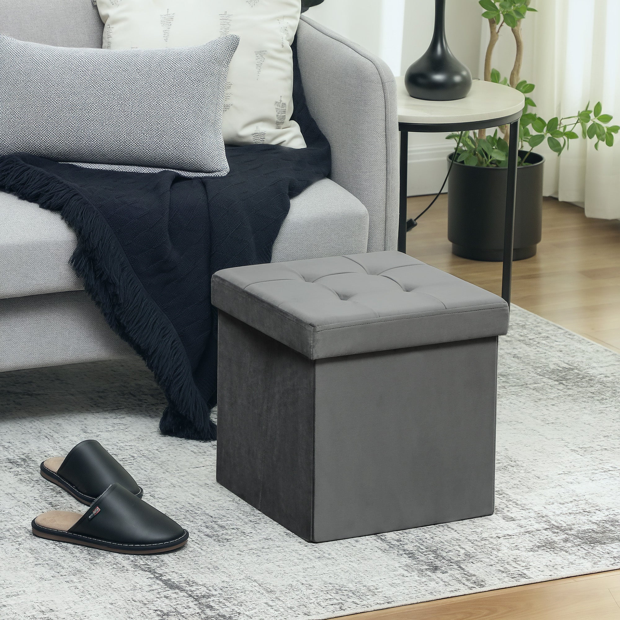 HOMCOM Klappbarer Sitzhocker mit Stauraum, Aufbewahrungsbox, Schaumstoff, MDF, Grau