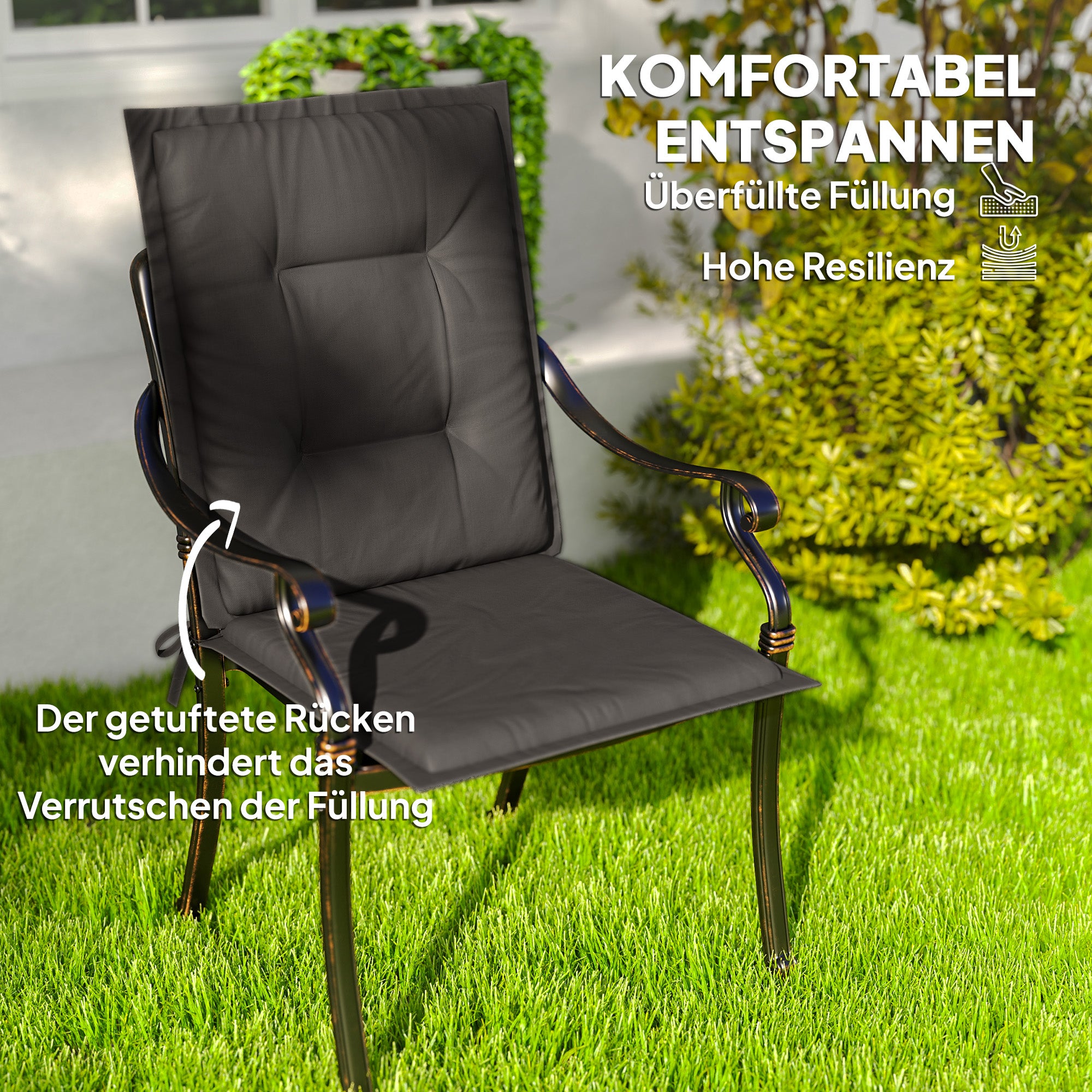 Outsunny 4er Set Sitzkissen 108 x 50 x 5 cm Stuhlkissen mit Bändern, Outdoor Indoor Sitzauflage Dunkelgrau