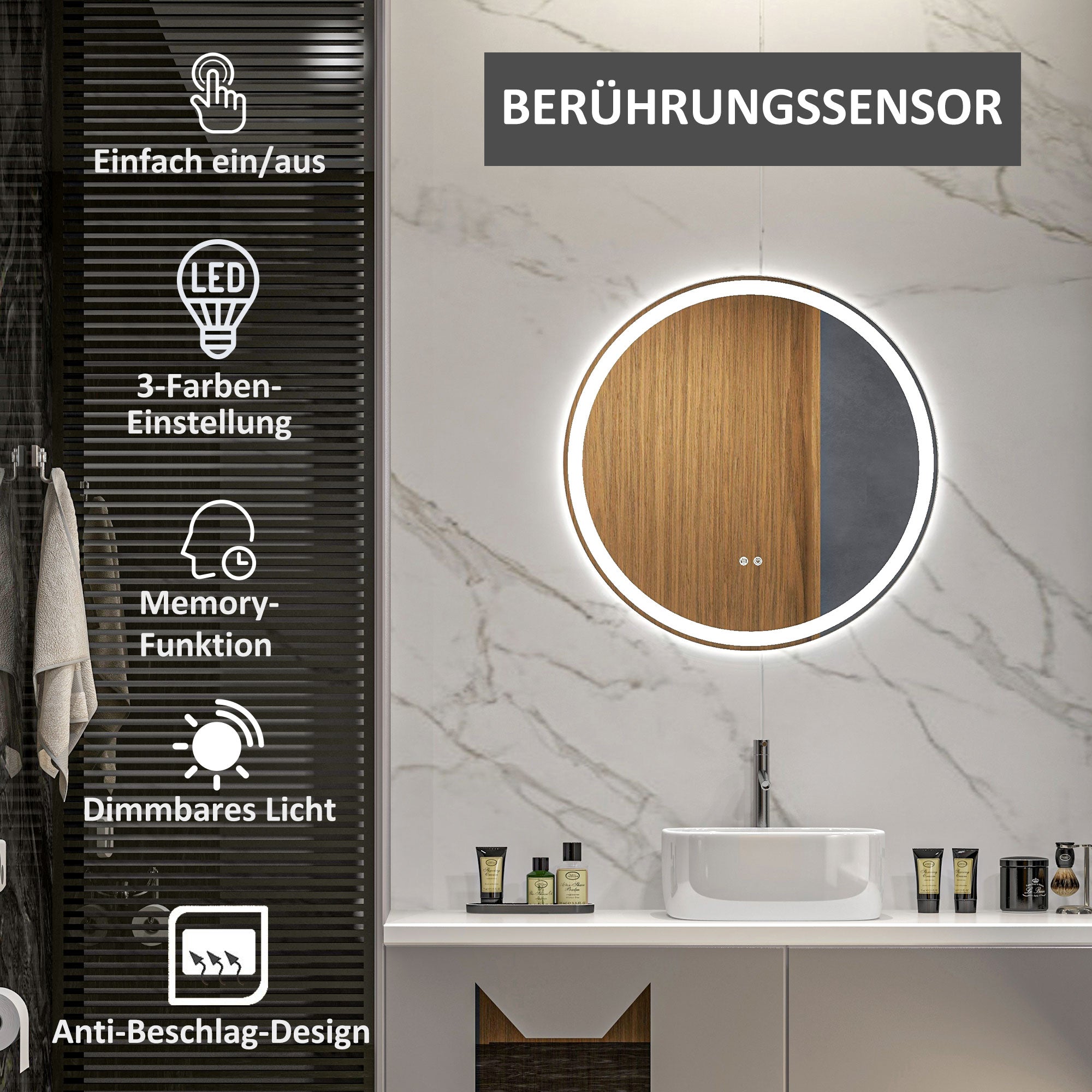 kleankin Badezimmerspiegel Badspiegel Runder Spiegel, LED- Licht, Touch-Funktion, kein Beschlagen, 60 x 60 cm