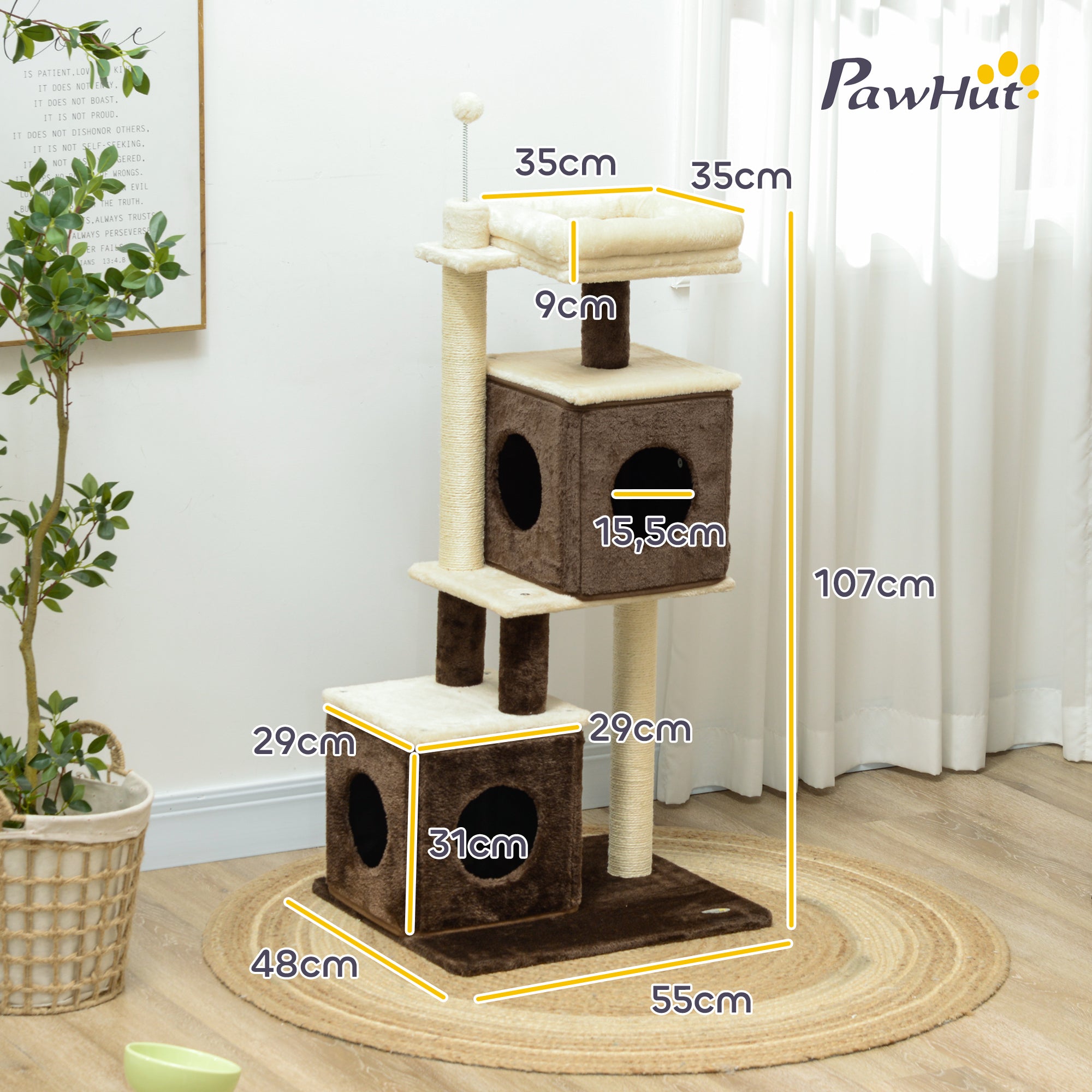 PawHut Katzenbaum, teilbarer Katzenturm mit Kratzpfosten, Sprungplattformen, für den Indoor-Bereich, Dunkelbraun+Weiß