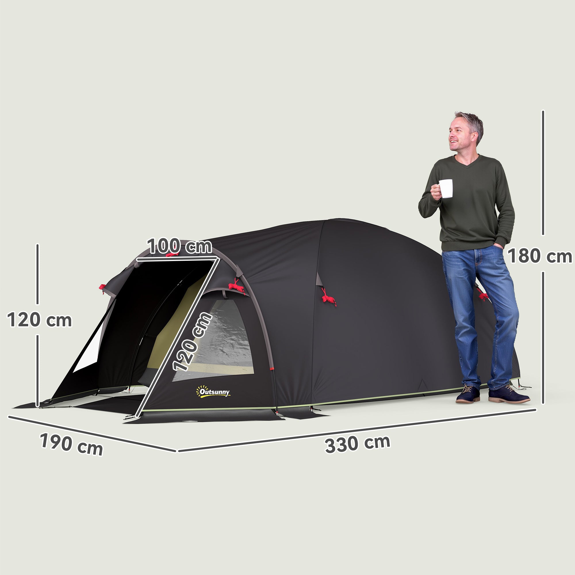 Outsunny Campingzelt für 4 Personen leicht, stabil UV 50+ Tunnelzelt mit Vordach Seitentür&Fenster Schwarz