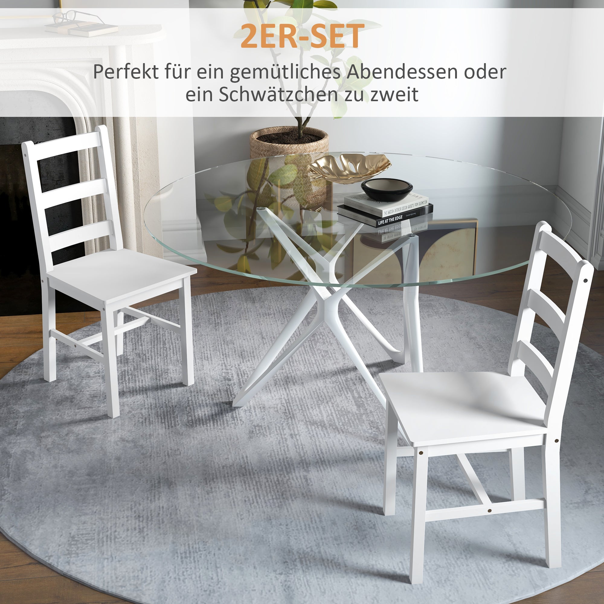 HOMCOM Esszimmerstühle 2er Set Holz Küchenstuhl mit Leistenrücklehne, Rutschfest 41,5 x 46 x 90 cm Weiß