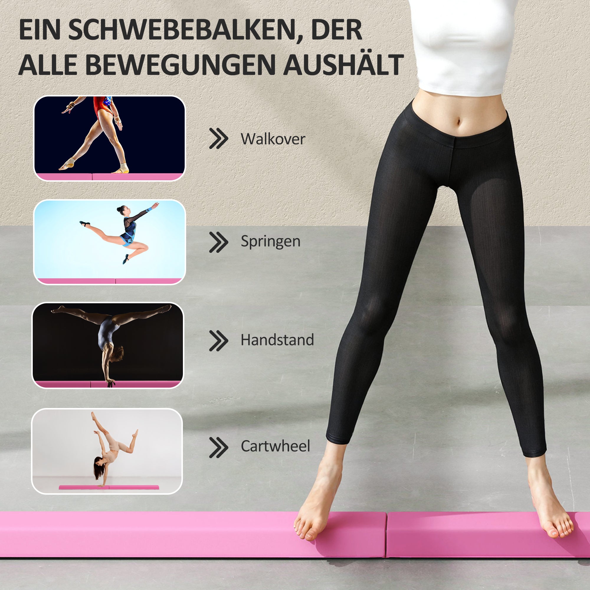 SPORTNOW Schwebebalken 2,4 m, faltbar, rutschfester Boden, für 3+ Jahre, bis 80 kg, Hellrot