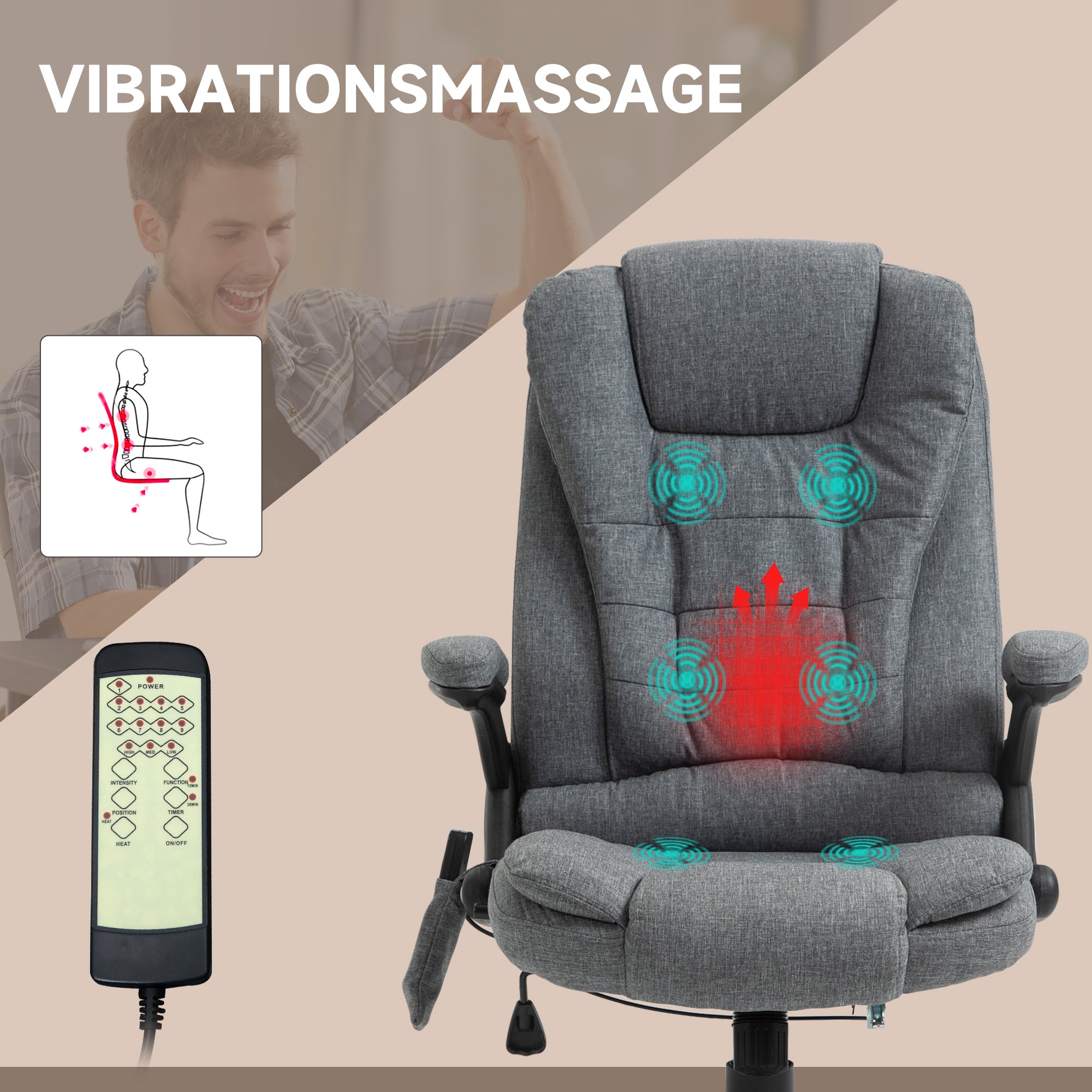 Vinsetto Bürostuhl  Massagesessel mit Wärmefunktion, Ergonomischer Chefsessel, Höhenverstellbarer Drehstuhl, Gamingstuhl mit Massage, Dunkelgrau, 68 x 72 x 110–120 cm