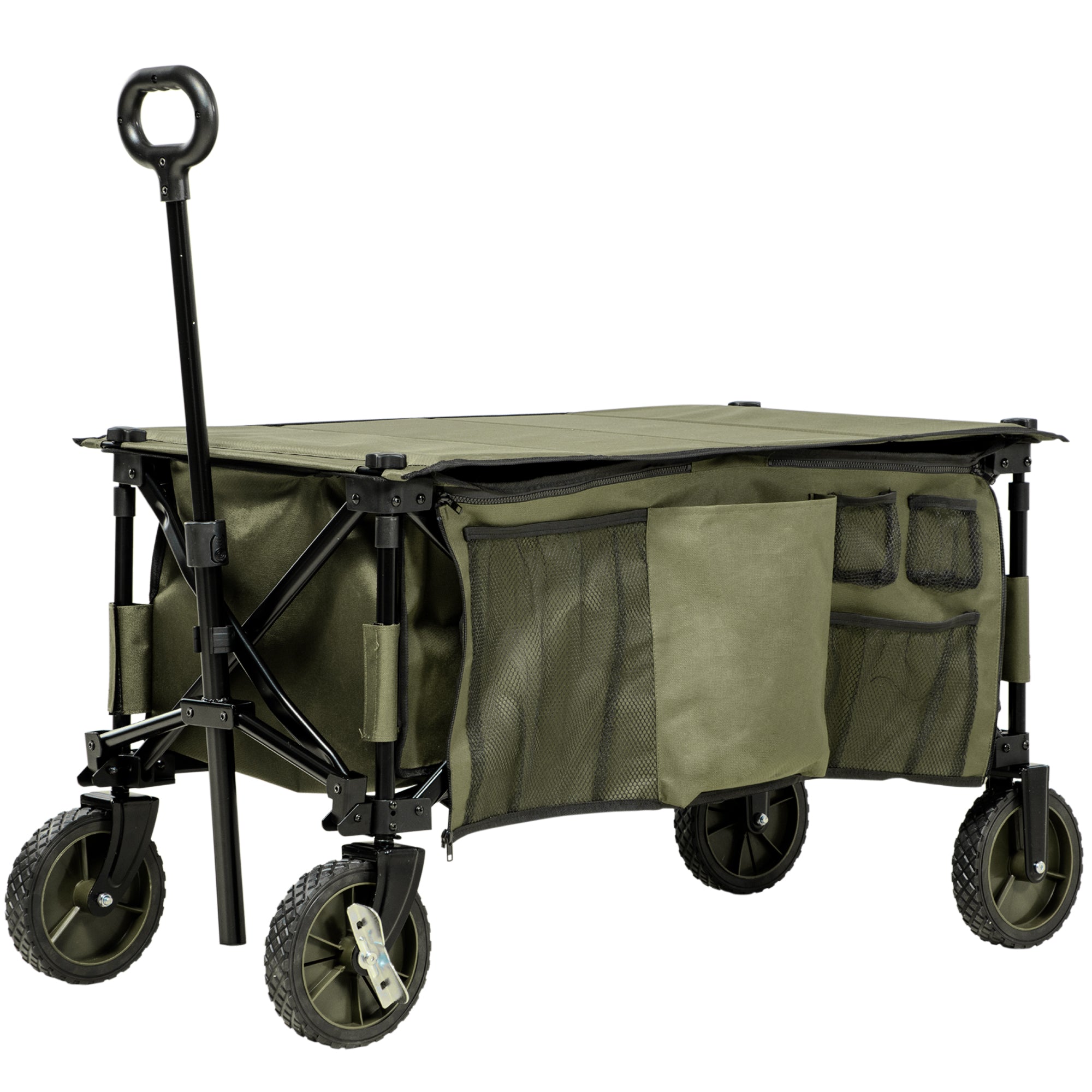 Outsunny Bollerwagen, klappbar, 5 Seitentaschen, verstellbarer Griff, bis 120 kg belastbar, Stahl, 108 x 55 x 93 cm, Grün