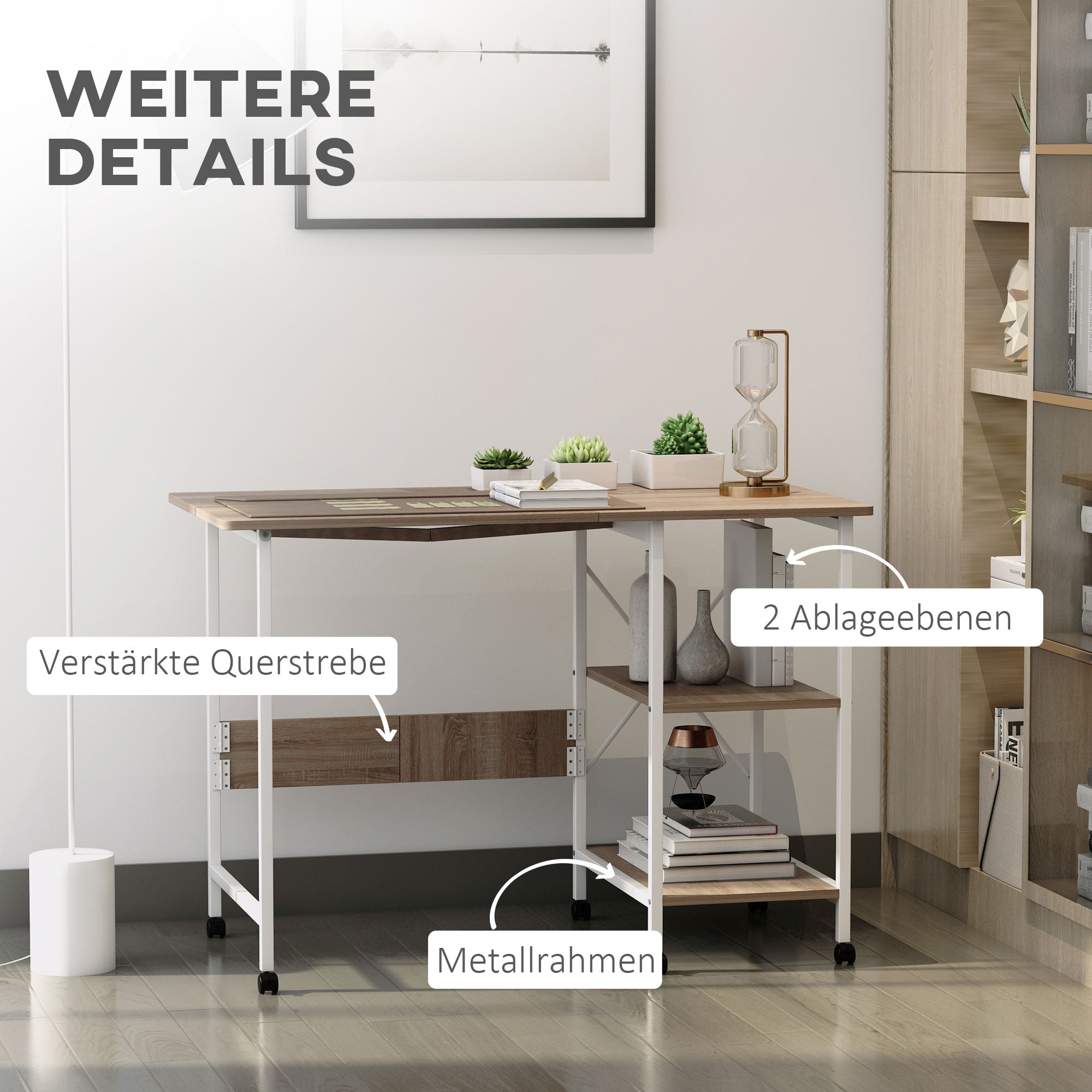 HOMCOM Klapptisch Schreibtisch Beistelltisch Bürotisch Mobiler Computertisch mit Rollen MDF Natur 107 x 55 x 76 cm