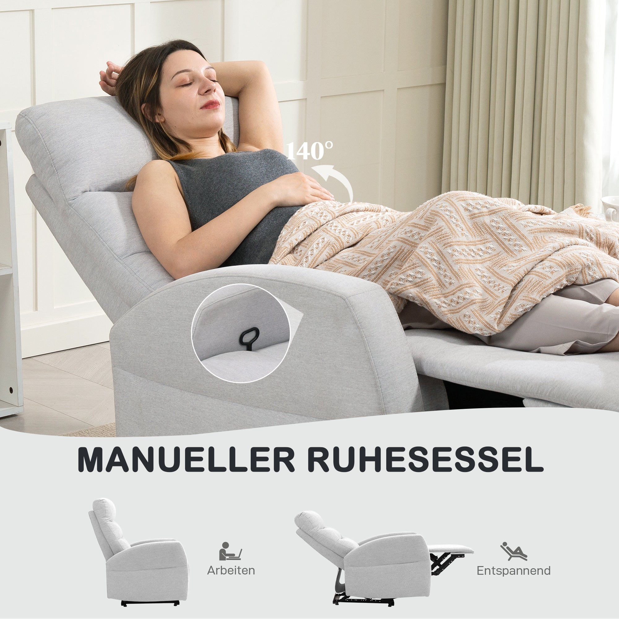 HOMCOM Verstellbarer Relaxsessel mit Fußstütze, Moderner Polstersessel, Hellgrau