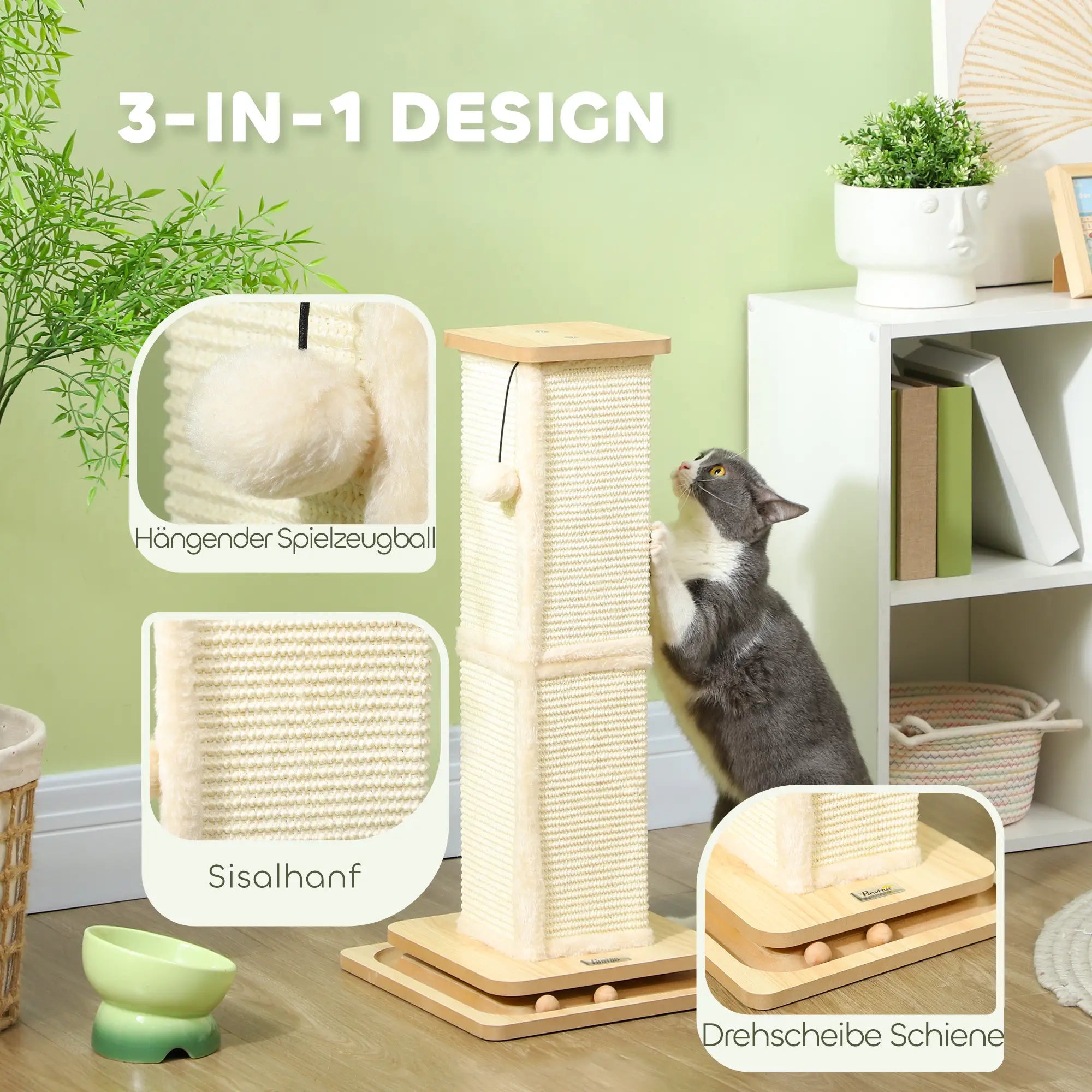 PawHut 3-in-1 Kratzstamm 67?cm mit Spielball & Sisalsäule