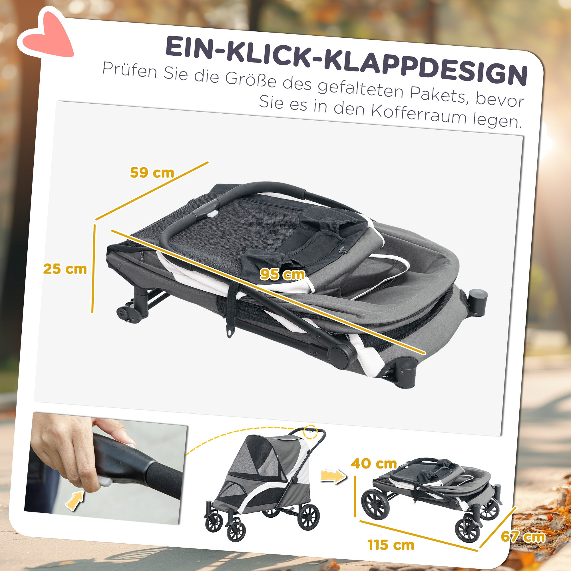 PawHut Hundewagen, Faltbarer Hundebuggy für große Hunde, Haustierwagen mit 4 Rädern, Sicherheitsleinen, Bremsen, Dunkelgrau