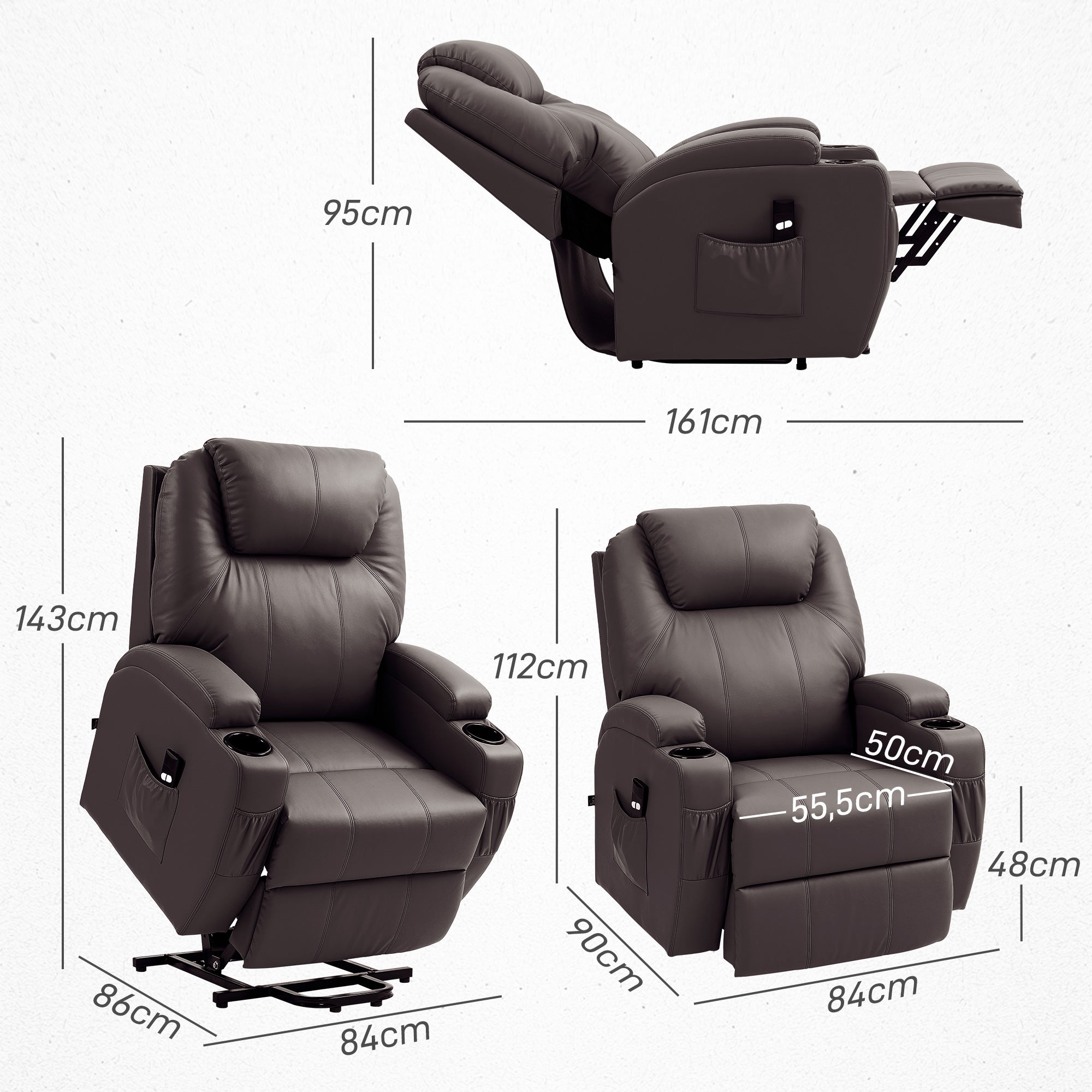 HOMCOM Aufstehsessel, Relaxsessel mit Aufstehhilfe, inkl. Fernbedienung, Becherhalter, verstellbare Rückenlehne, Braun