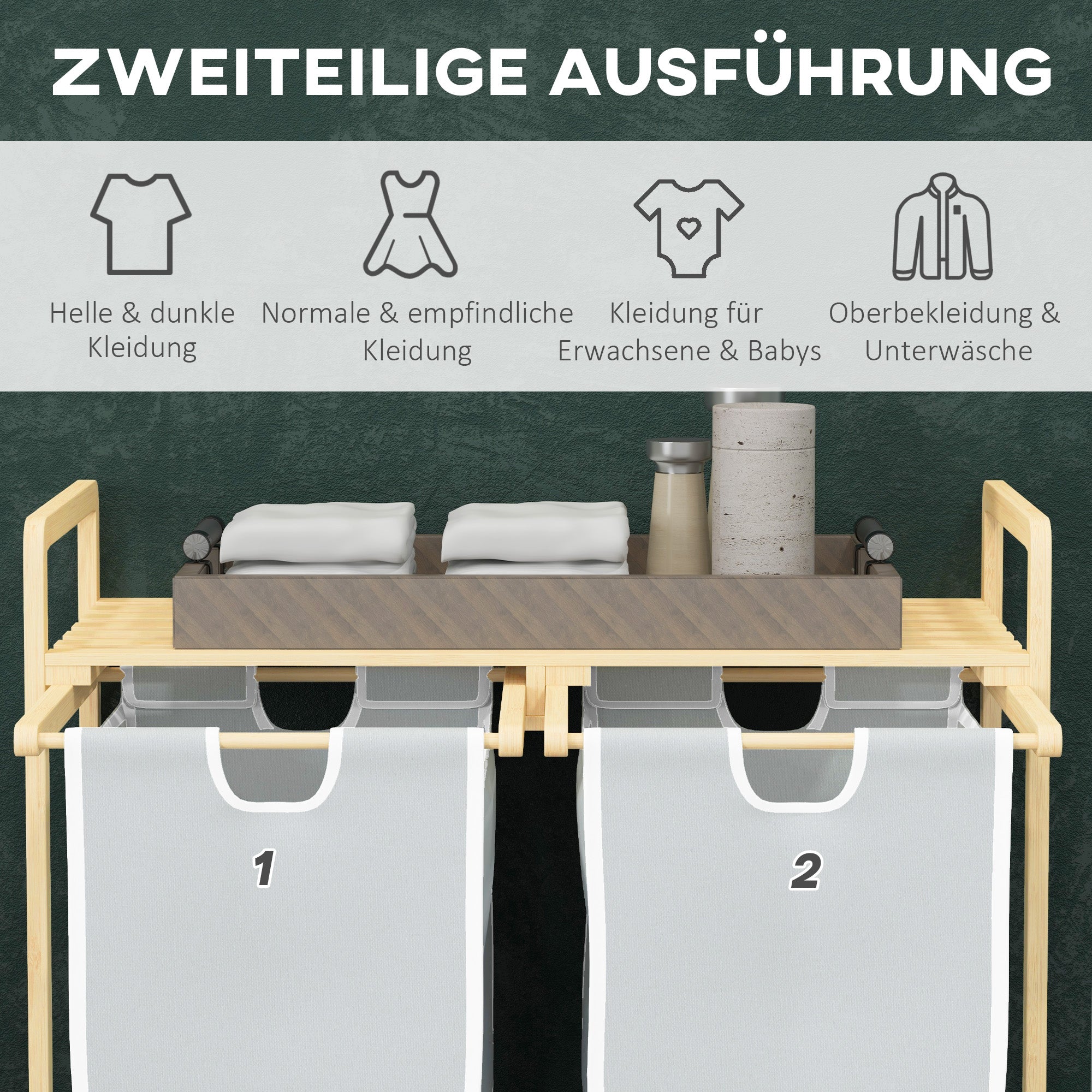 HOMCOM Wäschekorb mit 2 Waschsäcken, 1 Ablage, Bambus, 63,5 cm x 33 cm x 73 cm, Hellgrau + Natur