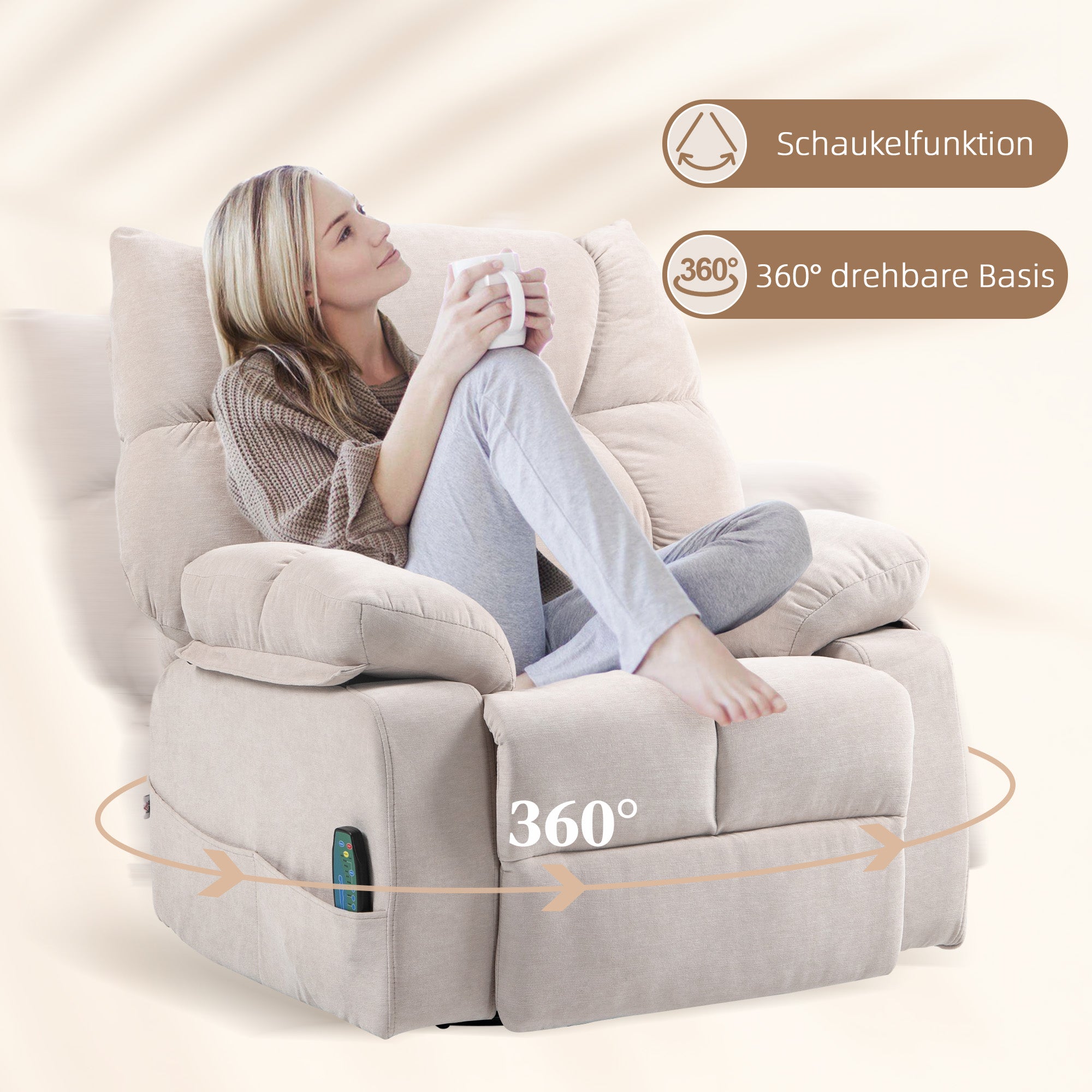 HOMCOM Massagesessel mit Wärme- & Liegefunktion, drehbar, bis 150 kg, Metallgestell, 98x90x98cm, Beige
