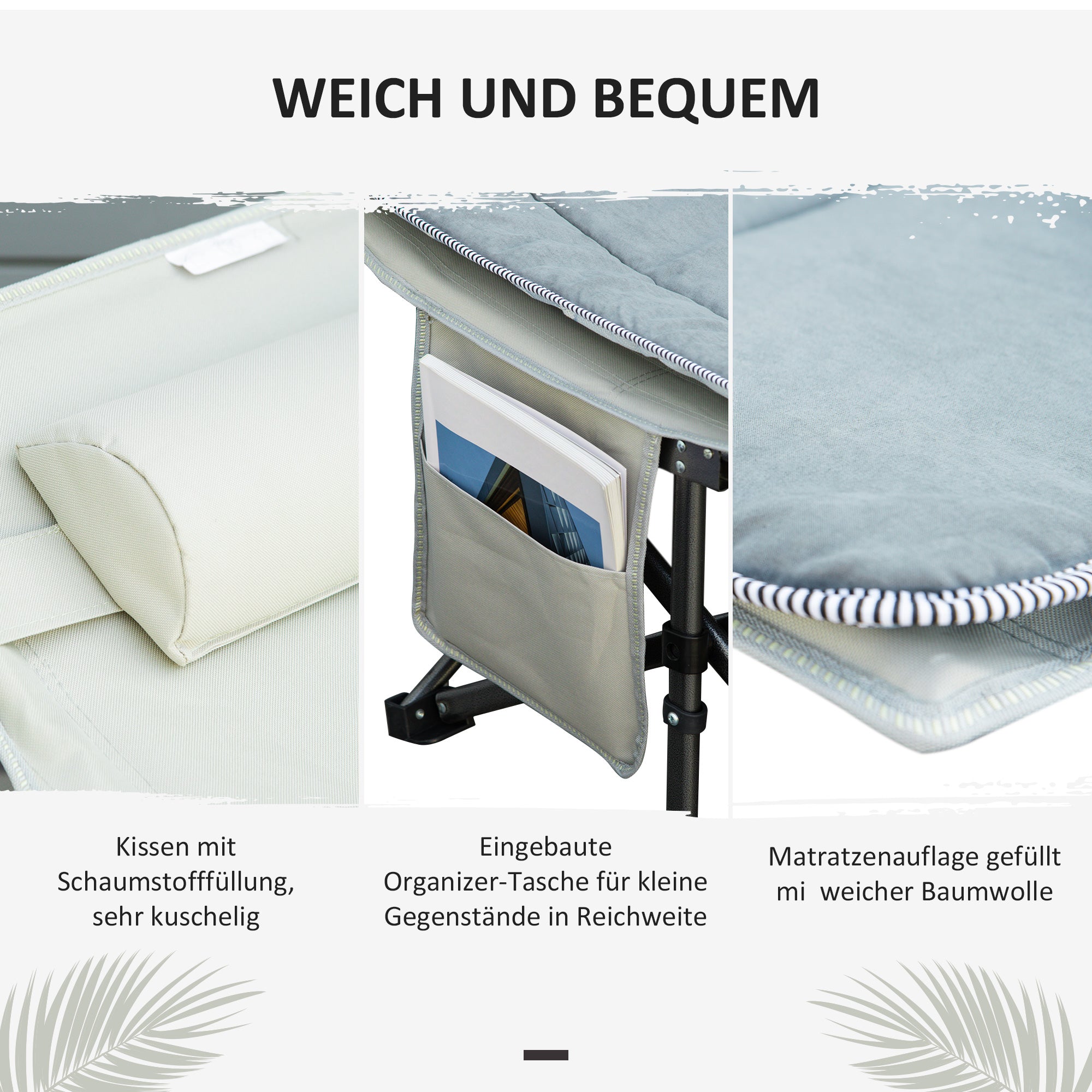 Outsunny Feldbett faltbar Campingbett mit Matratze Tragetasche 188 x 64,5 x 53 cm Gästebett bis 150 kg belastbar Campingliege für Erwachsene Klappbett für Outdoor, Garten Camping Reisen Hellgrau