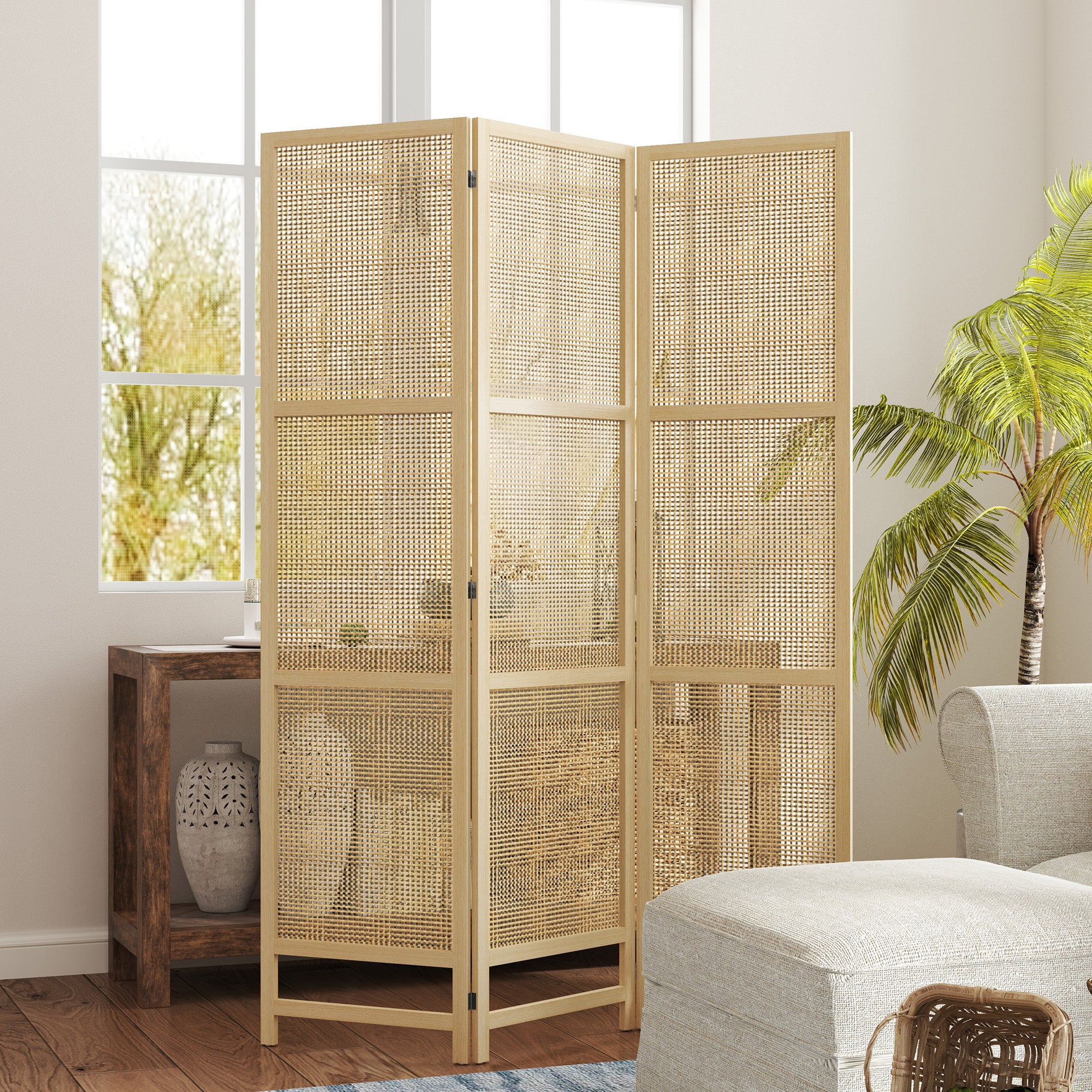 HOMCOM 3-teiliger Raumteiler, 180 cm faltbarer Wandschirm, Freistehender Raumtrenner mit handgewebtem Design für Zuhause, Natur