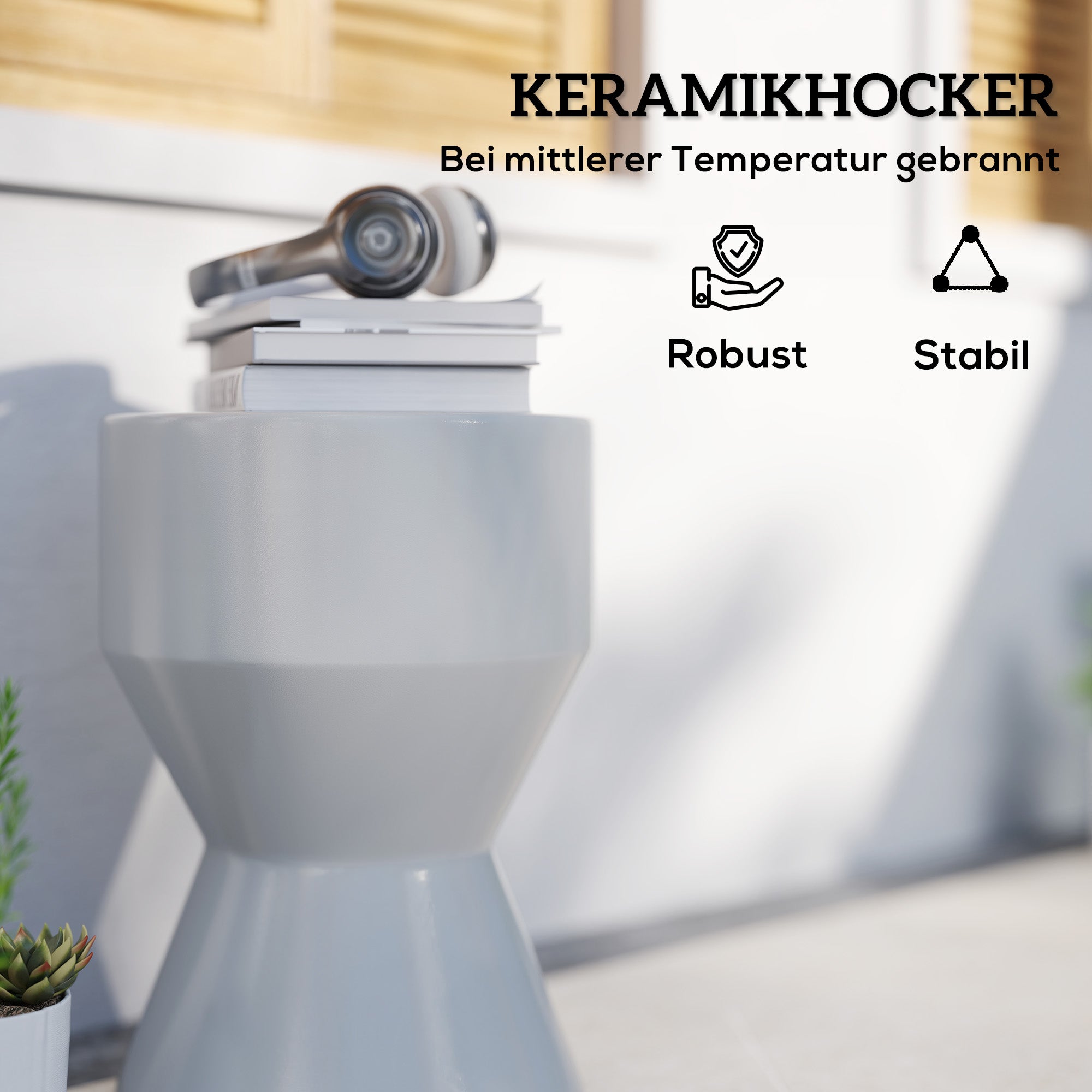 Outsunny Sitzhocker aus Keramik 120kg belastbar Ø33 x 45,5 cm Wetterfest Garten Hocker in Sanduhrform Hellgrau