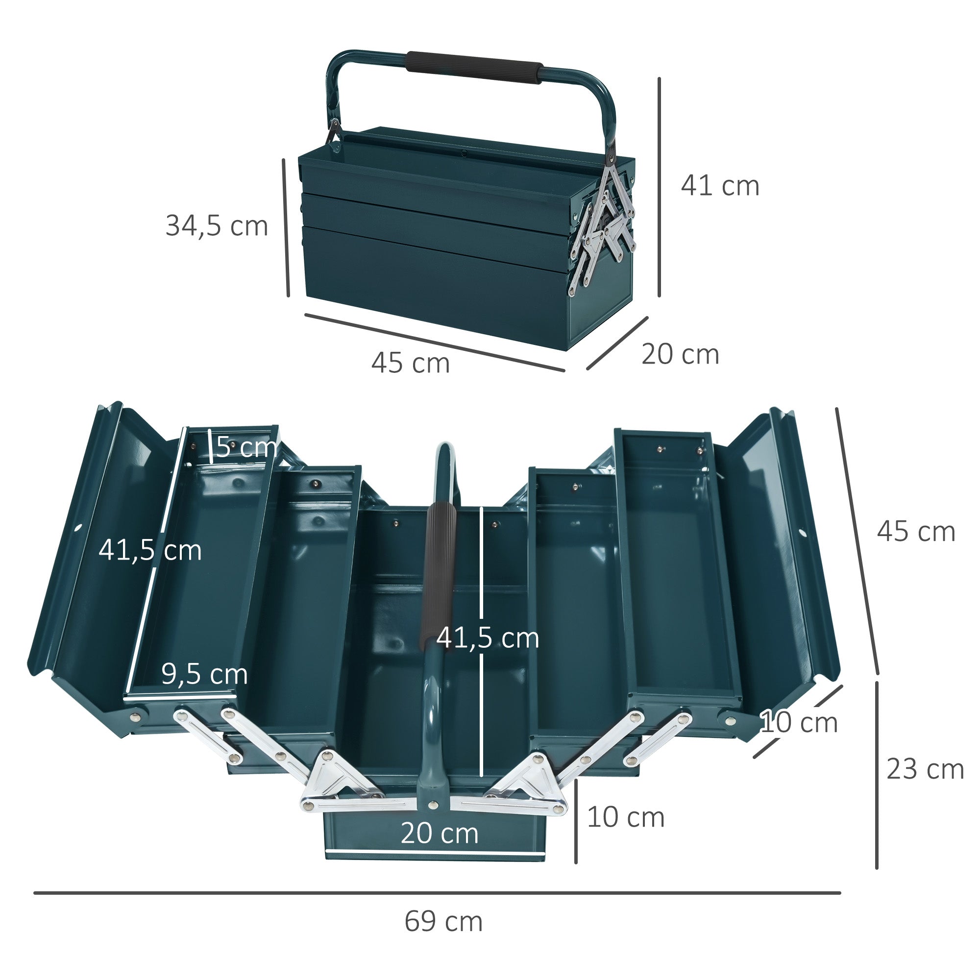 DURHAND Werkzeugkasten Werkzeugkoffer Montage Werkzeugkiste leer platzsparend mit 5 Fächer aufklappbar stabil Stahl (SPCC) Dunkelgrün 45 x 20 x 34,5 cm