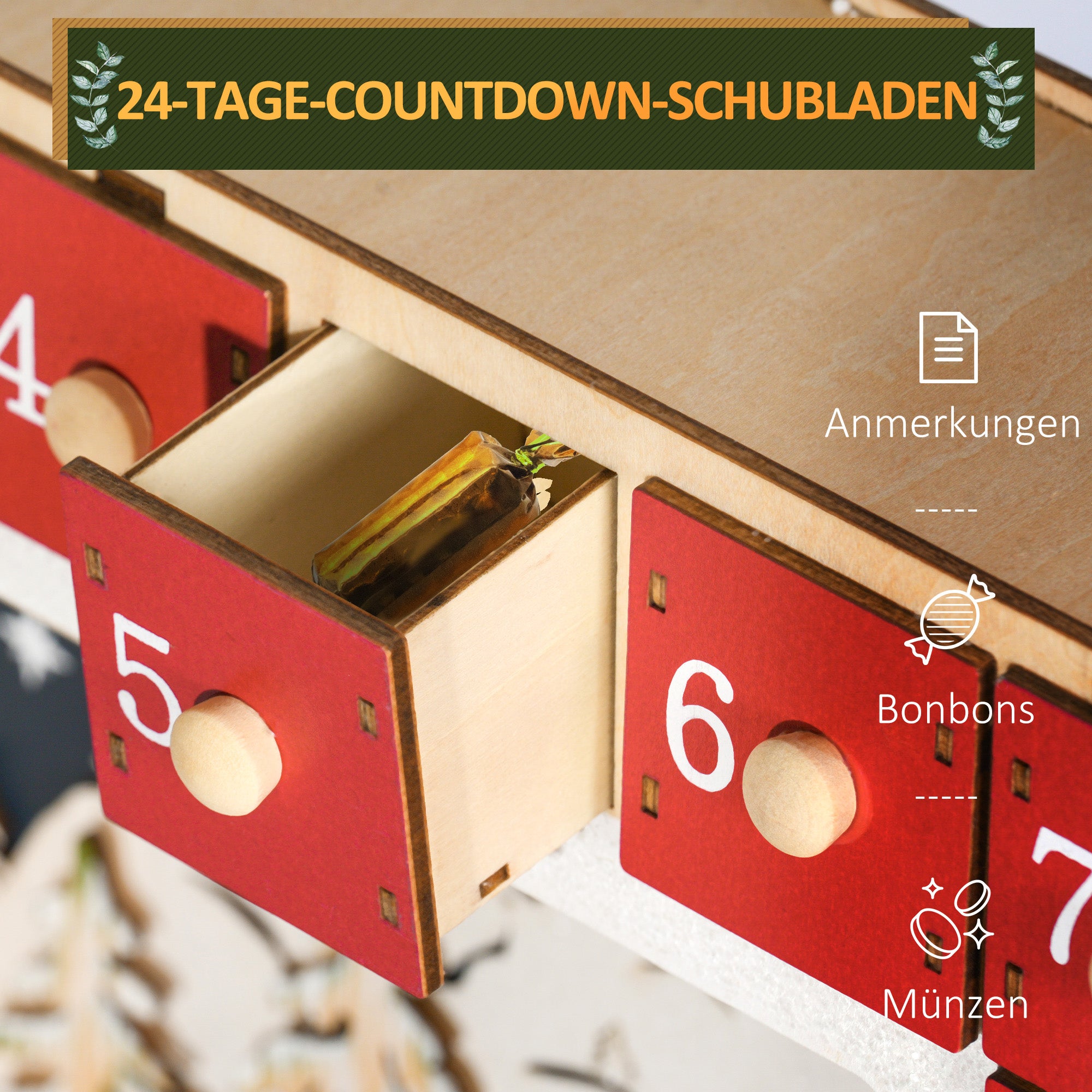 HOMCOM LED Adventskalender mit Dorfszene, 24 große Schubladen, MDF, 34 x 7 x 34 cm, Rot