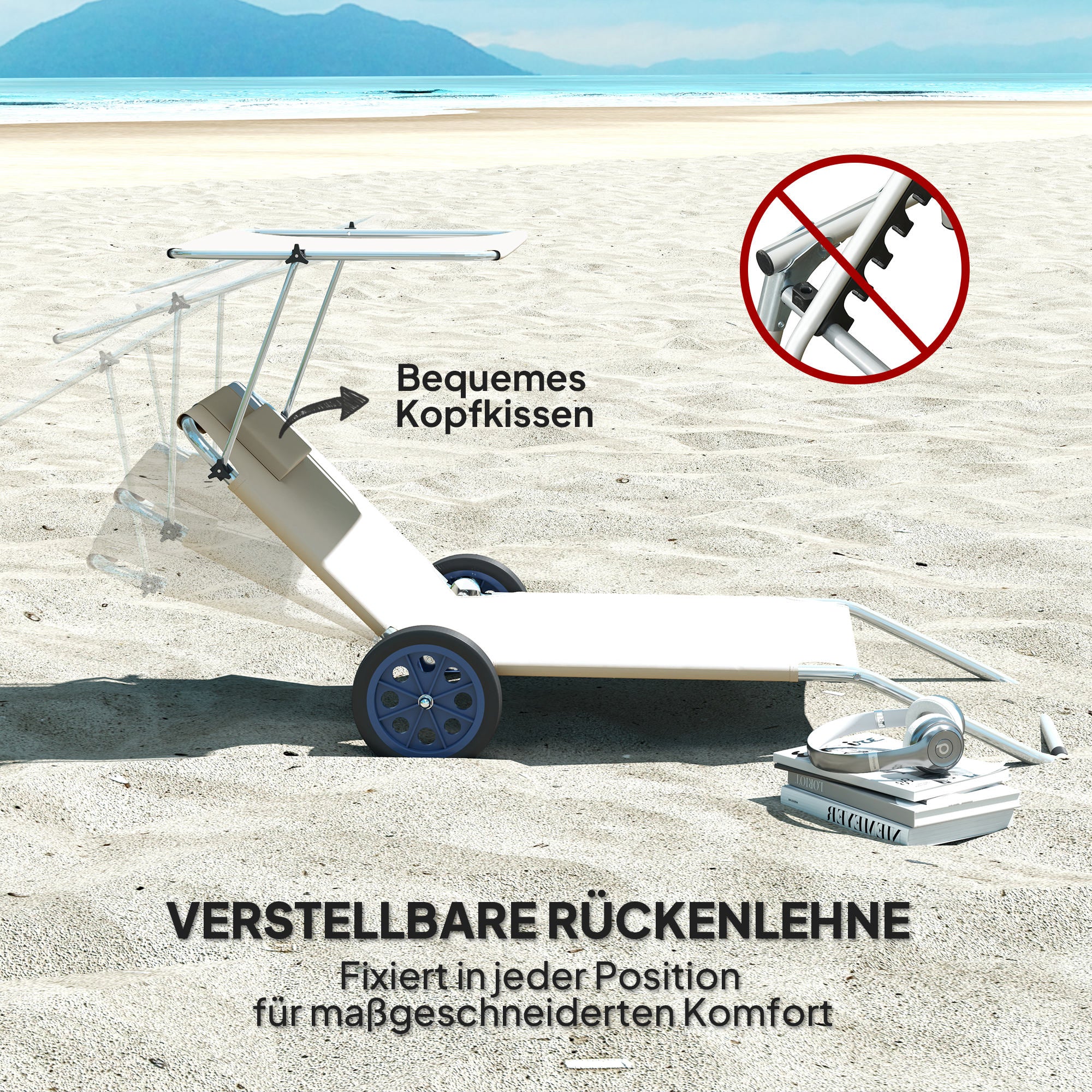 Outsunny Sonnenliege klappbar Gartenliege mit Kopfkissen Dach, Rolle Liegestuhl mit verstellbare Rückenlehne Beige