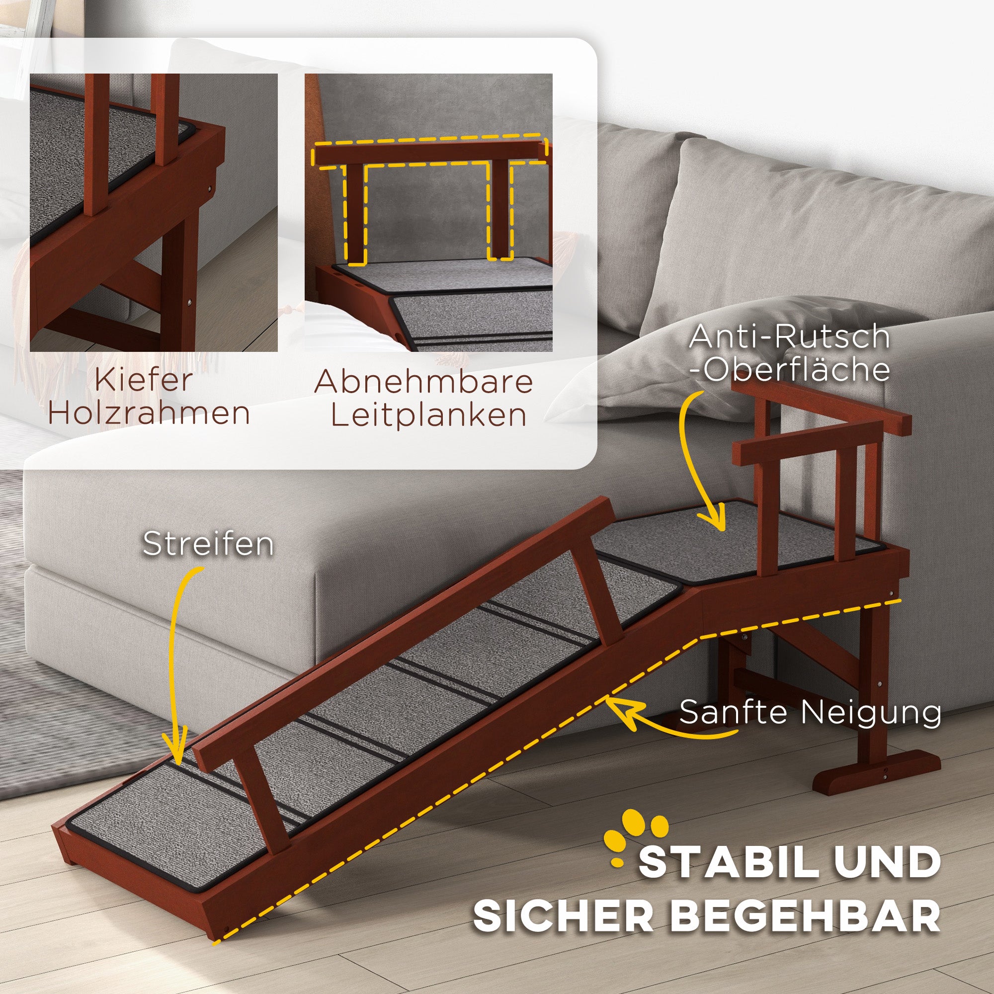 PawHut Hunderampe, abnehmbare Geländer, rutschfest, Holz, bis 30 kg, 125x40x56cm, Braun/Grau