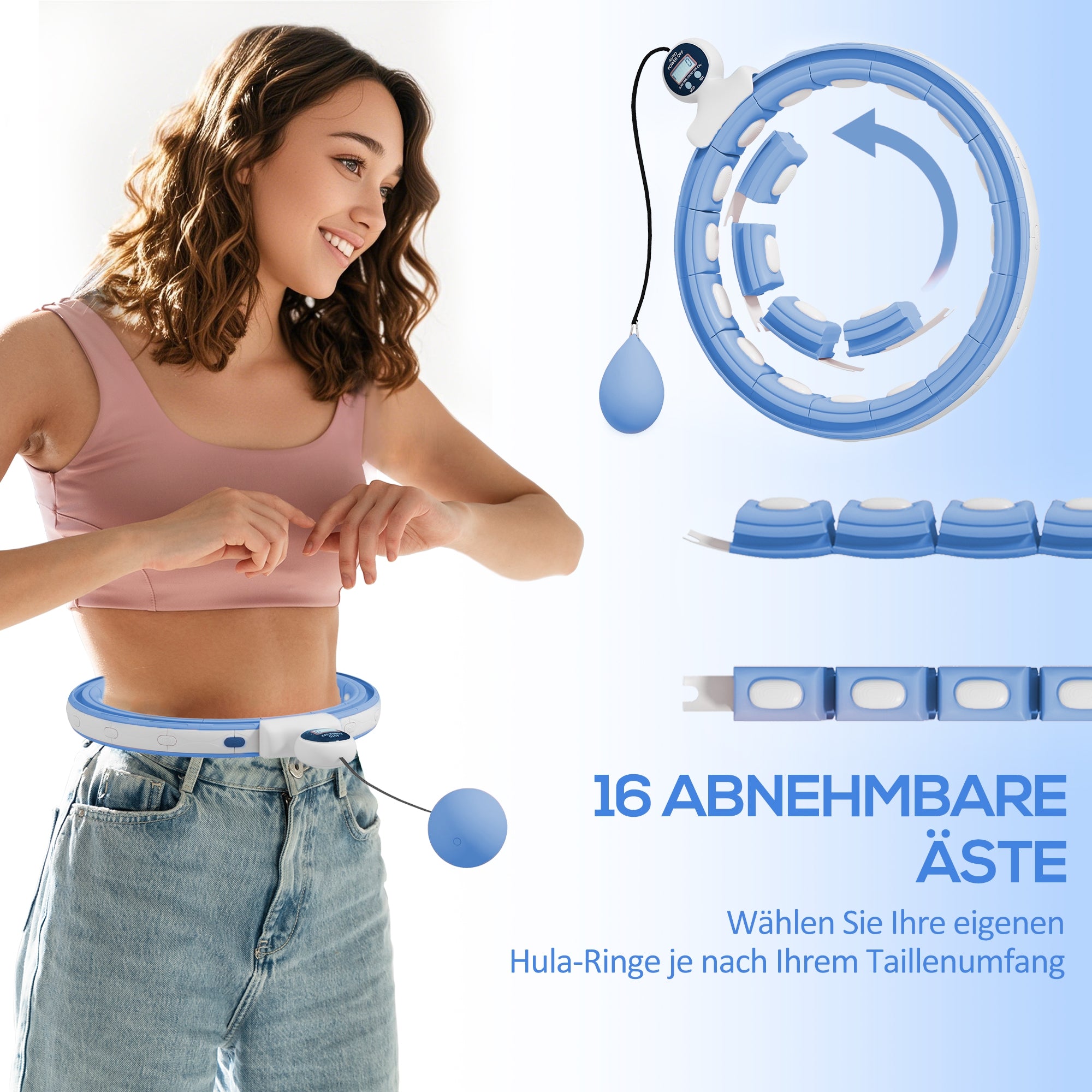 SPORTNOW Smart Hula Hoop Reifen Erwachsene mit Gewicht Kugel Zähler 16 Knoten (76-113cm) Hellblau