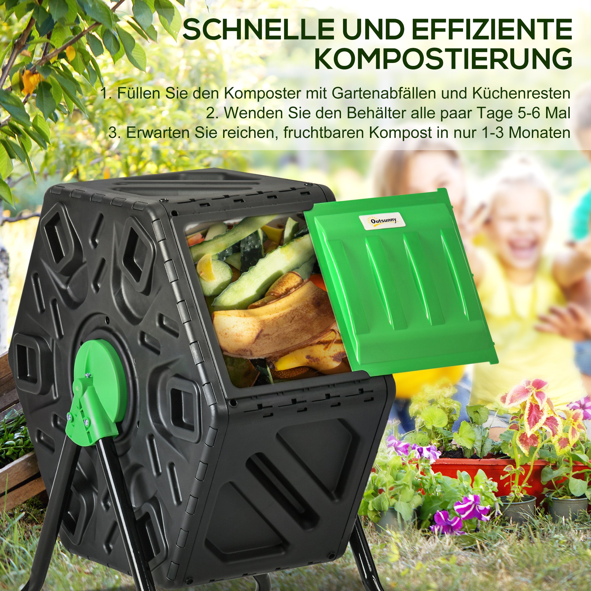 Outsunny Kompostbehälter, 65 Liter Komposter, drehbar, kompakt, 24 Belüftungslöcher, Stahl, Kunststoff, Grün+Schwarz