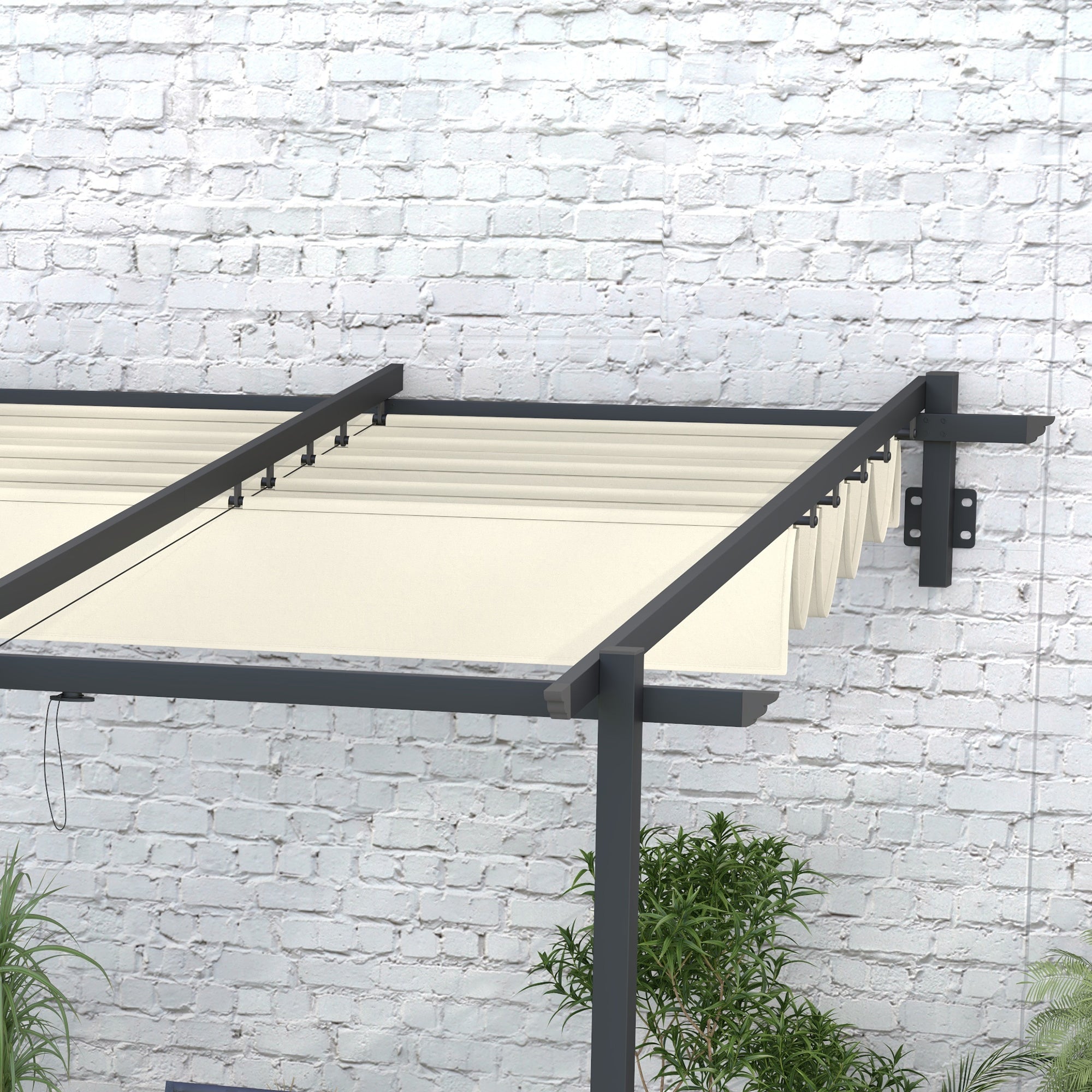 Outsunny Gartenpavillon 3 x 3m, einziehbares Dach, Wandmontage, Metallrahmen, Cremeweiß