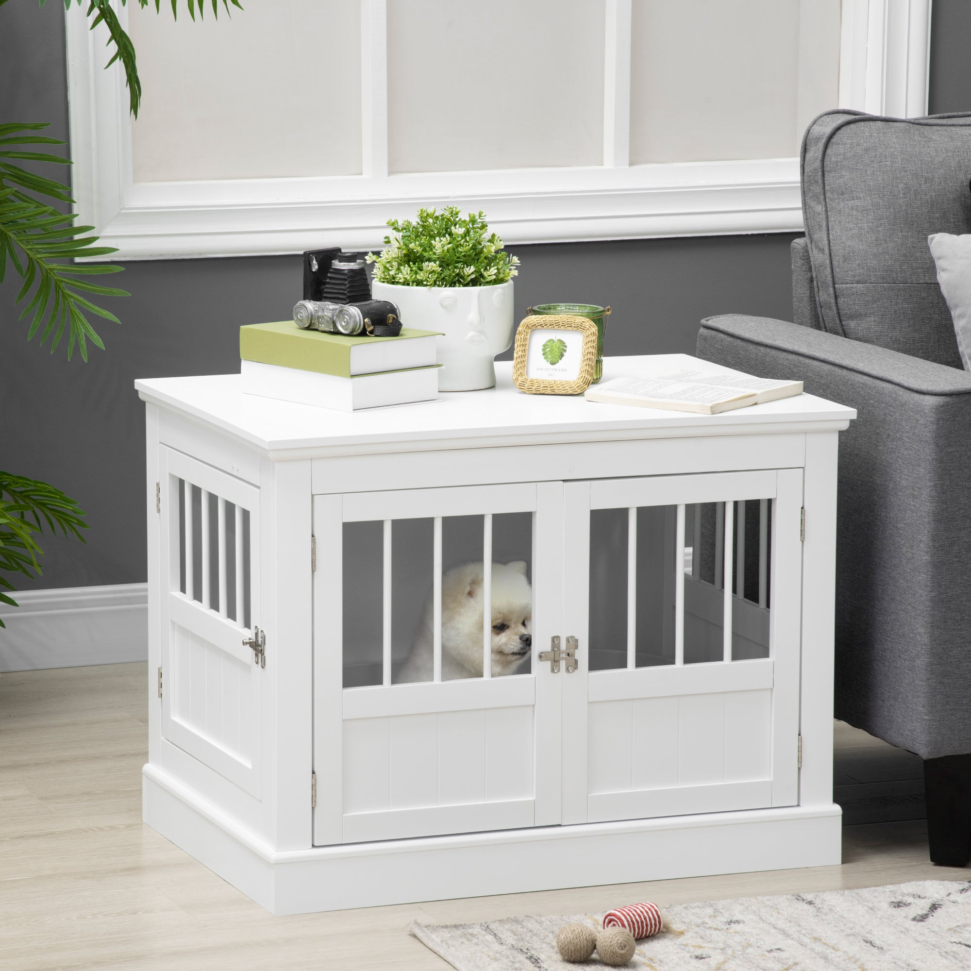 PawHut Hundekäfig, Möbel mit 3 Türen Hundehütte Hundebox für Zuhause 78 x 53 x 59,3 cm, Weiß