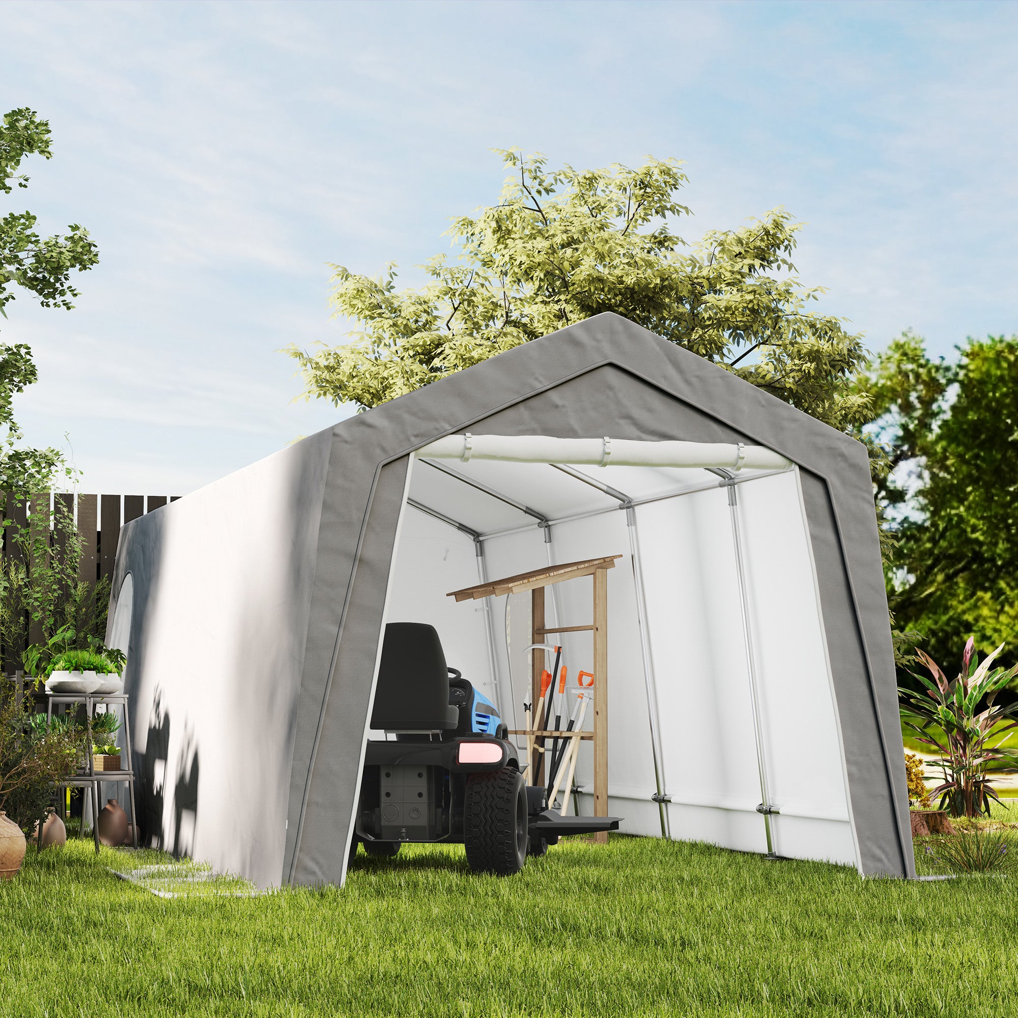 Outsunny 3 x 6 m Wasserdichter Gartenschuppen mit UV-beständiger Kunststoff-Plane und Metallgestell, Hellgrau