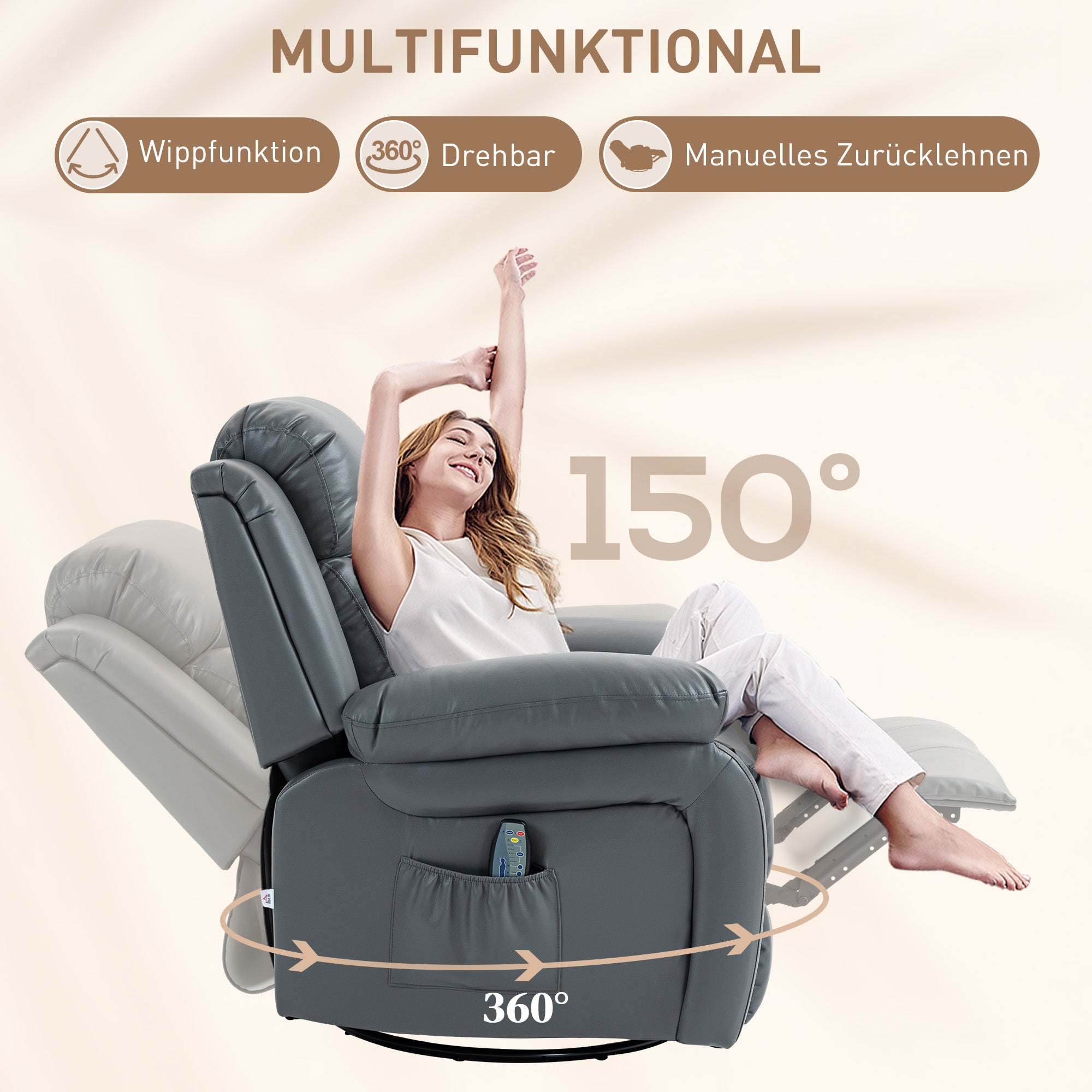 HOMCOM Massagesessel, Wipp- & Liegefunktion, drehbar, bis 150 kg, Kunstleder, Grau