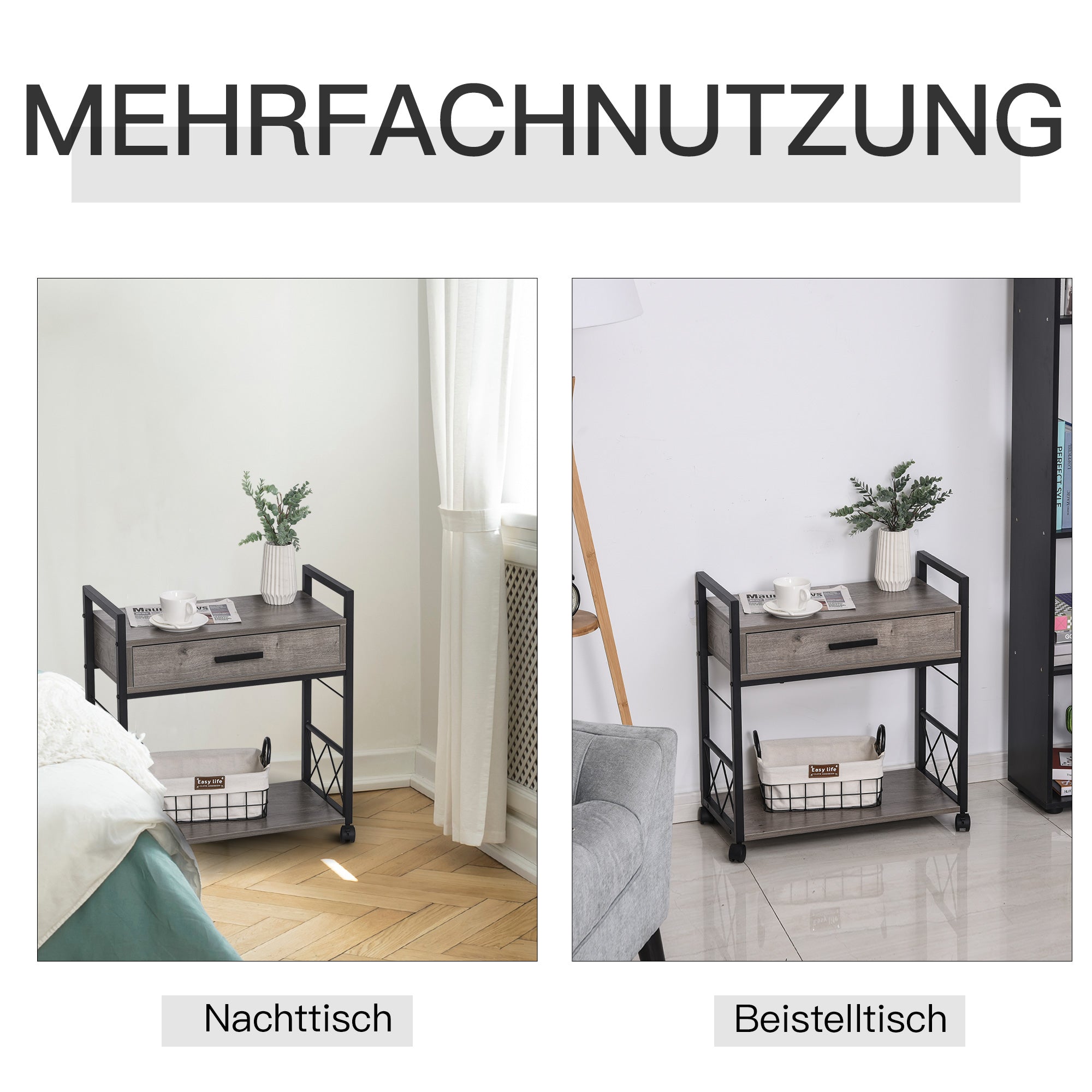 HOMCOM Beistelltisch Servierwagen mit Rädern Küchenwagen Kaffeetisch mit Schublade Ablage Sideboard beweglich Grau Spanplatte 60 x 30 x 65 cm