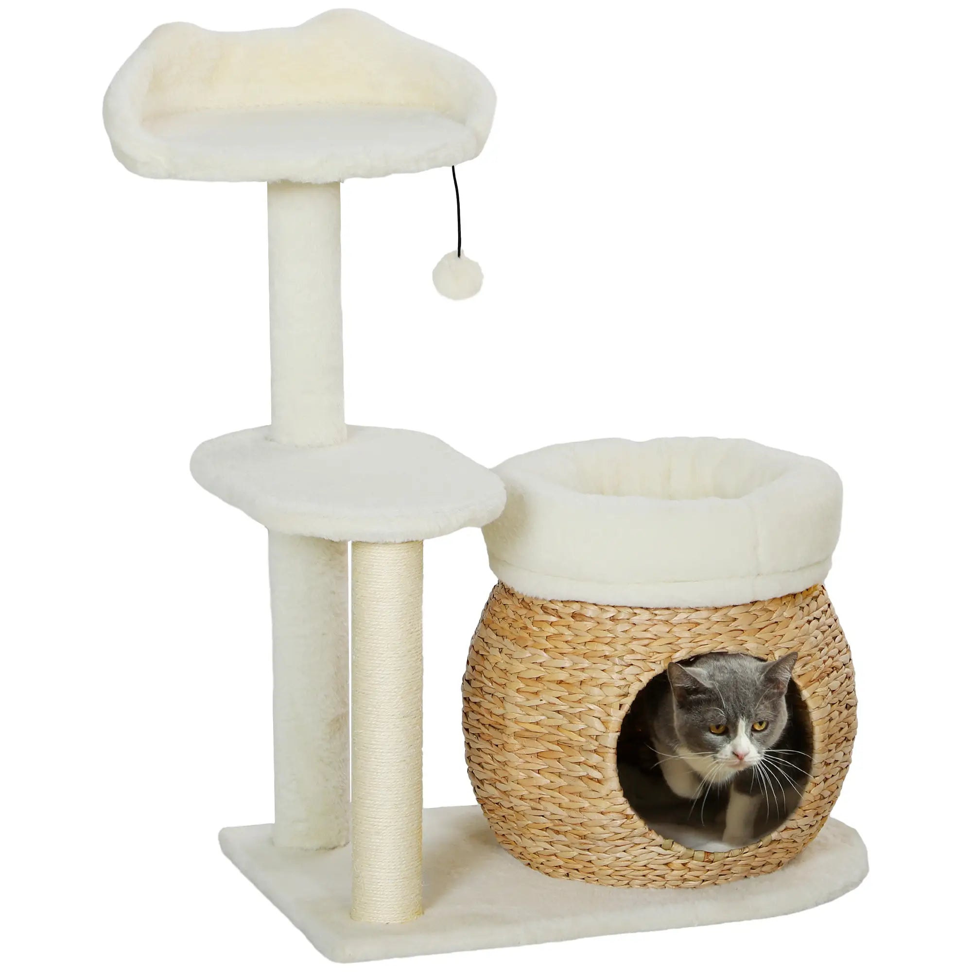 PawHut Kratzbaum mit Katzenhöhle, Spielball und Plattform, Schilfrohr/Sisal, bis 10 kg, 60 x 40 x 79 cm, Cremeweiß