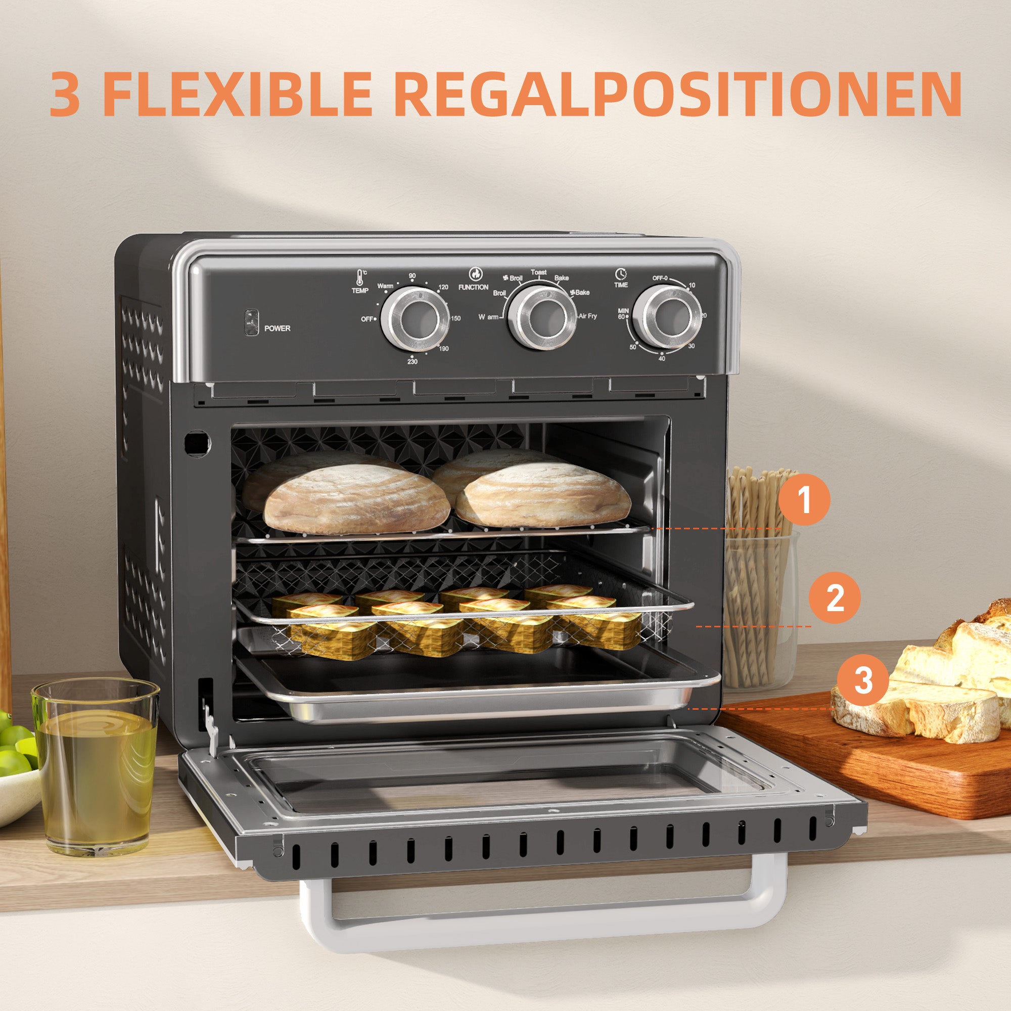 HOMCOM Minibackofen, 20L, 5 Funktionen, 360° Heißluft, Grillrost, Krümelblech, Grau