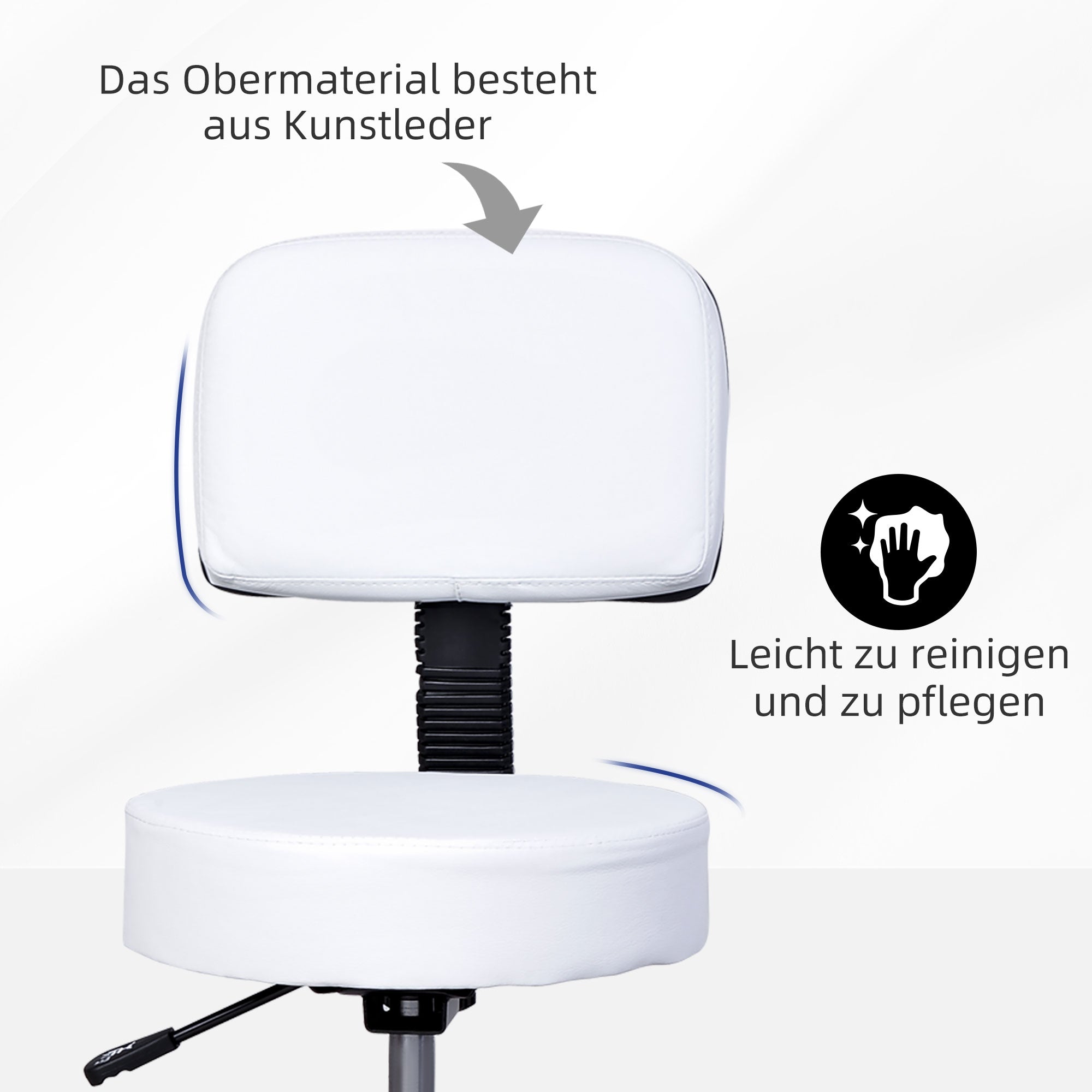 HOMCOM Rollhocker Höhenverstellbarer Arbeitshocker mit Lehne, Drehbarer Salon Hocker für Massage Büro Kunstleder Weiß Ø35 x 72-84 cm