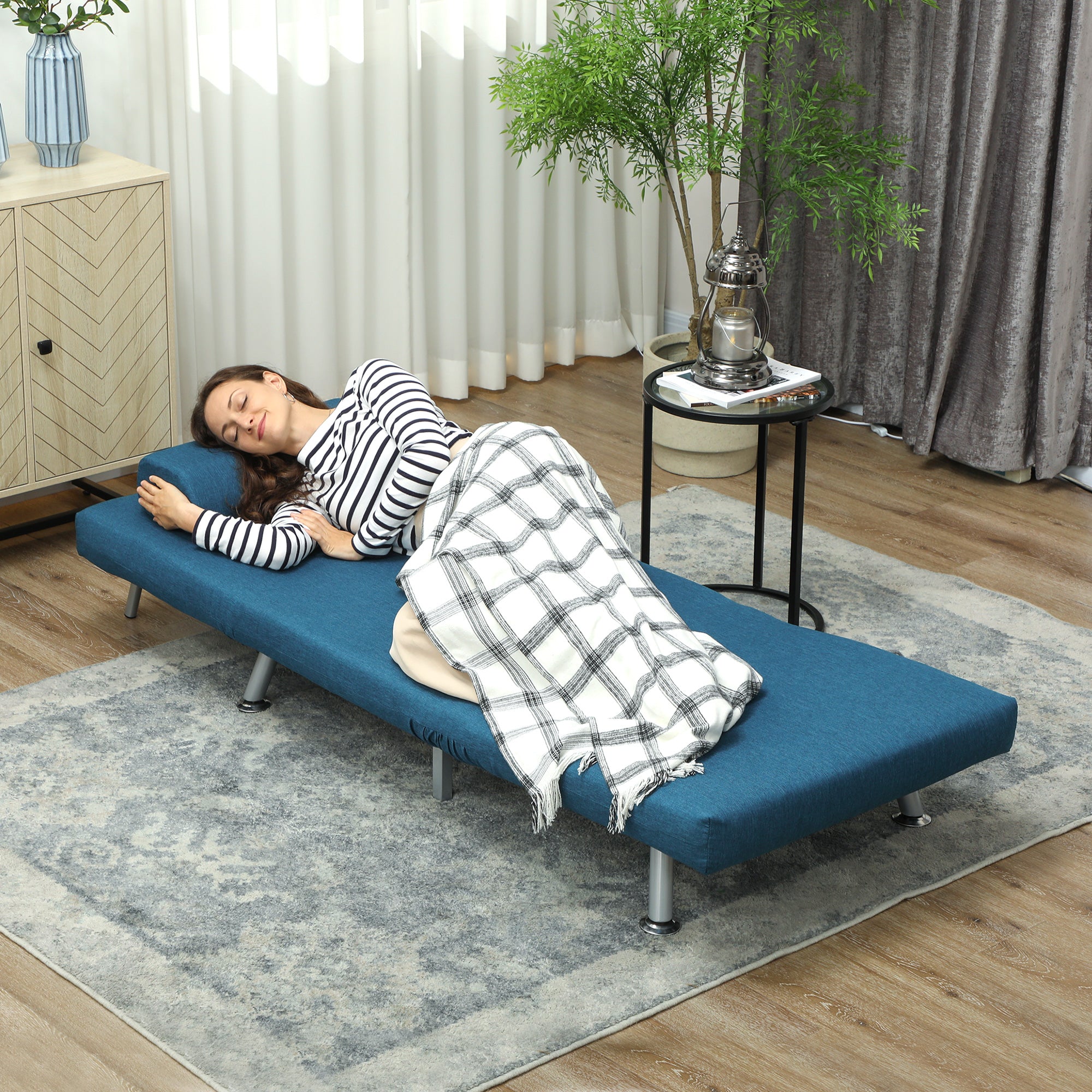 HOMCOM Klappsessel mit Bettfunktion, klappbarer Relaxsessel in Leinenoptik, Verstellbare Rückenlehne, 75 x 70 x 75 cm, Blau