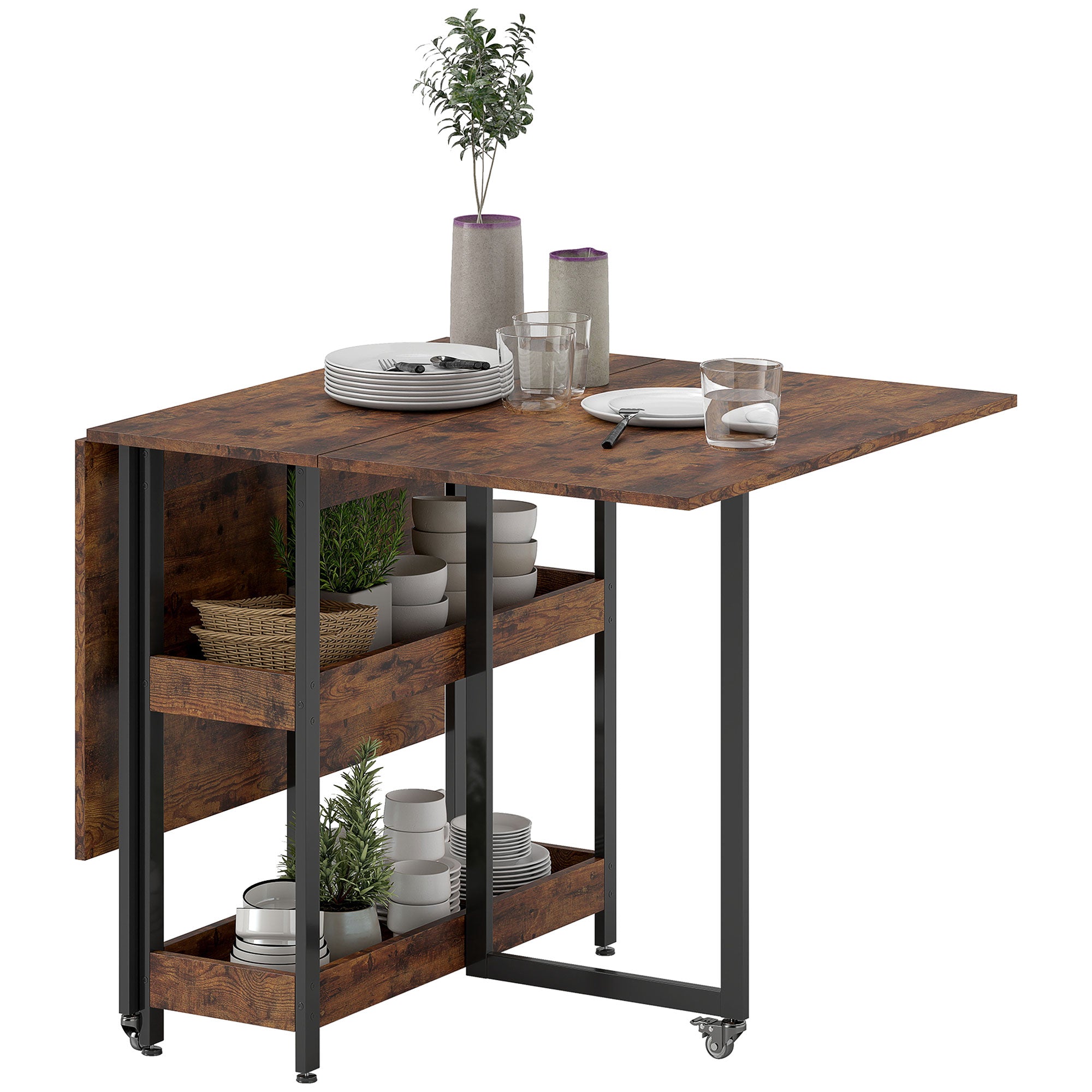 HOMCOM Klappbarer Esstisch im Industriedesign, für bis zu 4 Personen, offene Regale, flexibel, Metall, Spanplatte, Braun