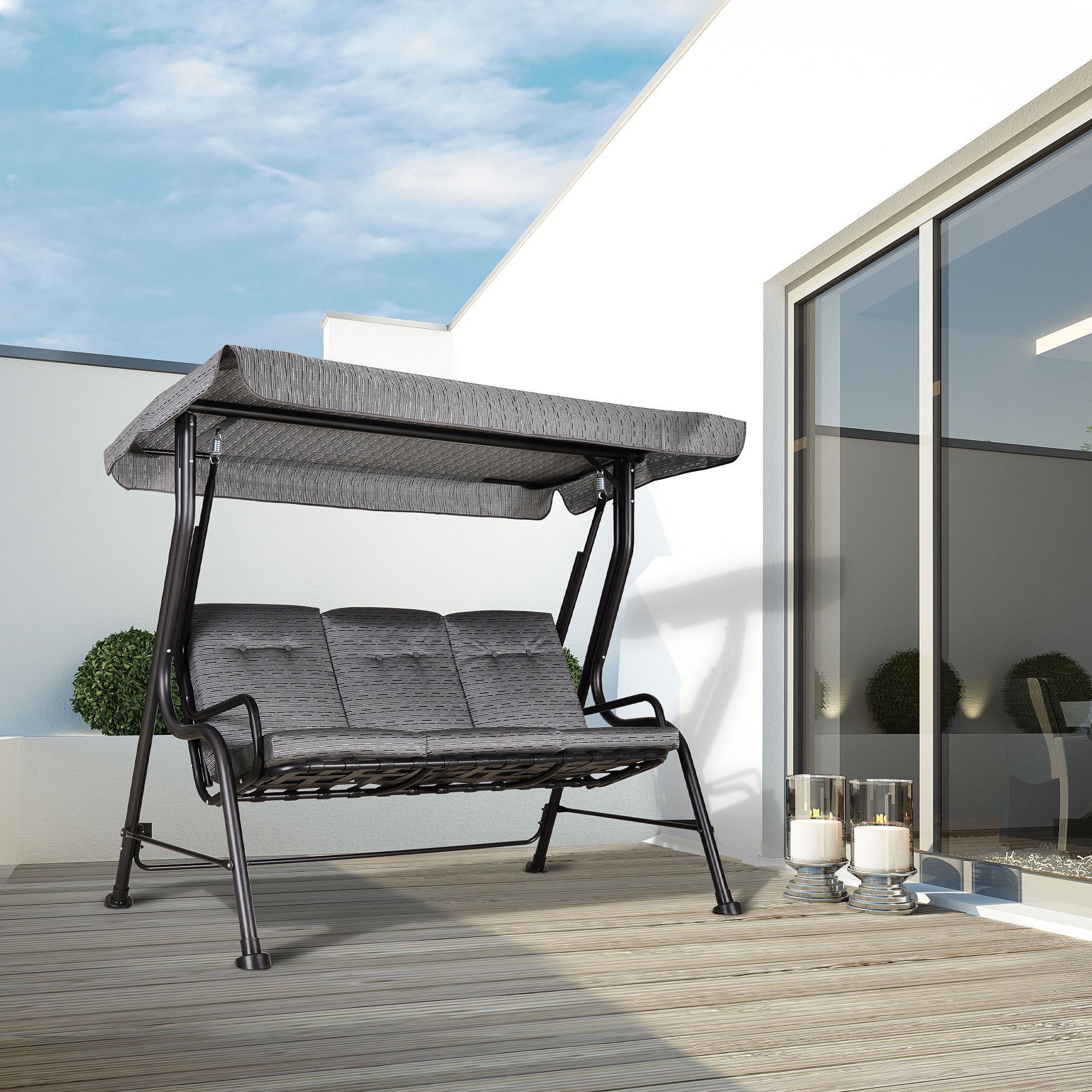 Outsunny Hollywoodschaukel, 3-Sitzer Gartenschaukel, Verstellbares Sonnendach, Texteline Grau 200 x 120 x 170 cm