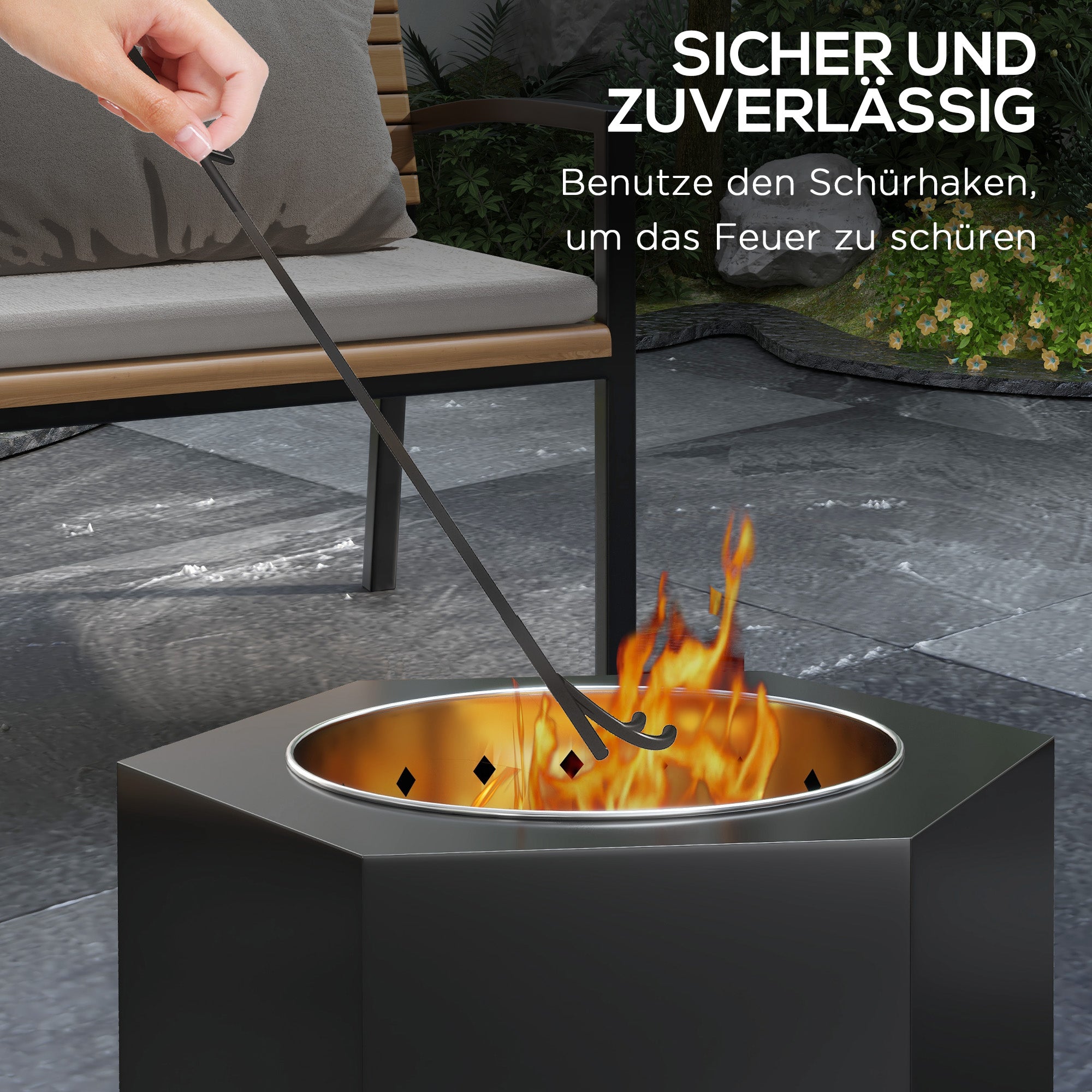 Outsunny Feuerschale Feuerstelle Feuertonne, inkl. Schürhaken, 45 x 38,8  x 46,5 cm, Silber + Schwarz