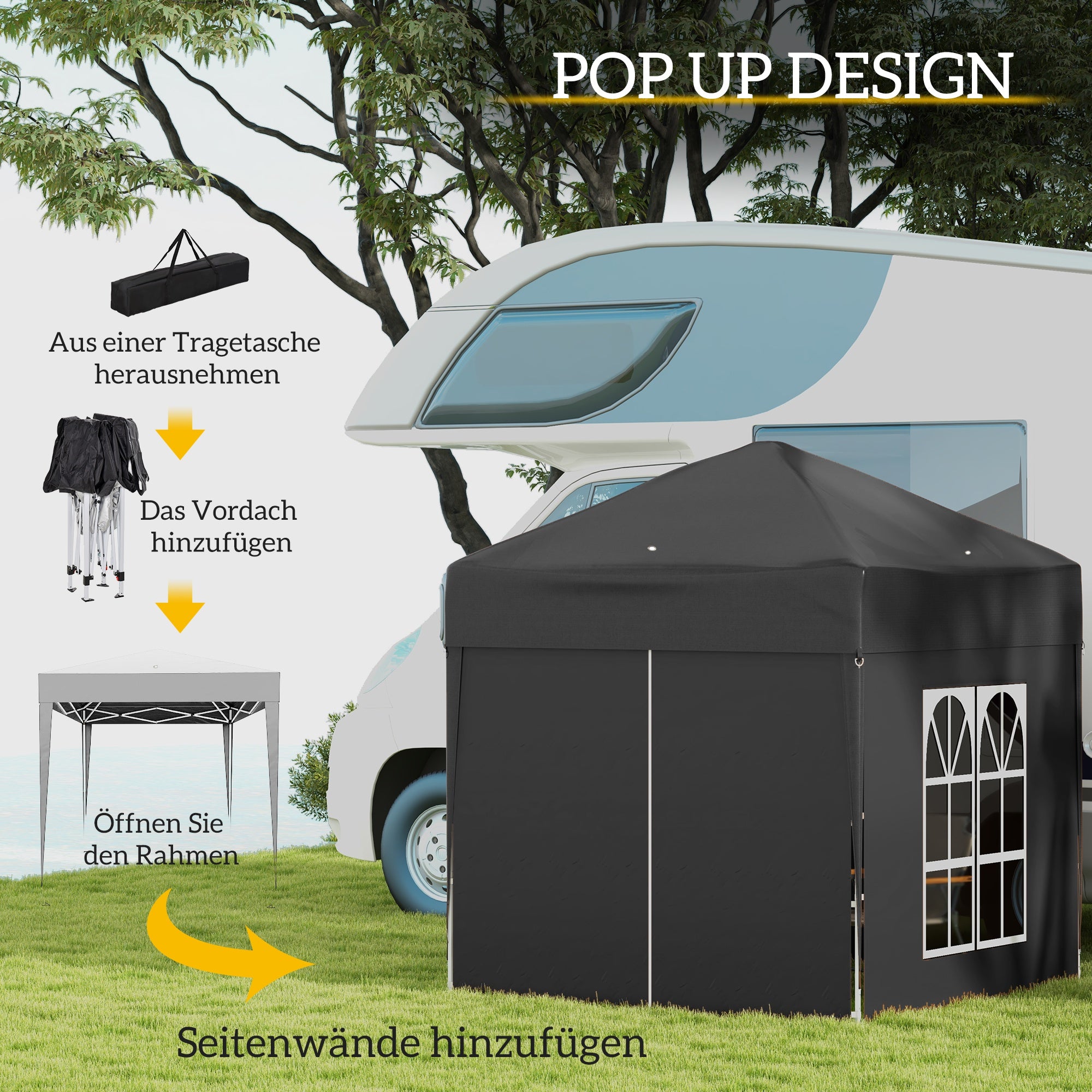 Outsunny Faltpavillon, Bierzelt, 4 abnehmbare Seitenwände, 2 Fenster, Metallrahmen, 2 x 2m, Schwarz